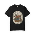 Cozy Outdoor Reading & Coffee T-Shirt — Stack of Books, Mug & Nature Badge
