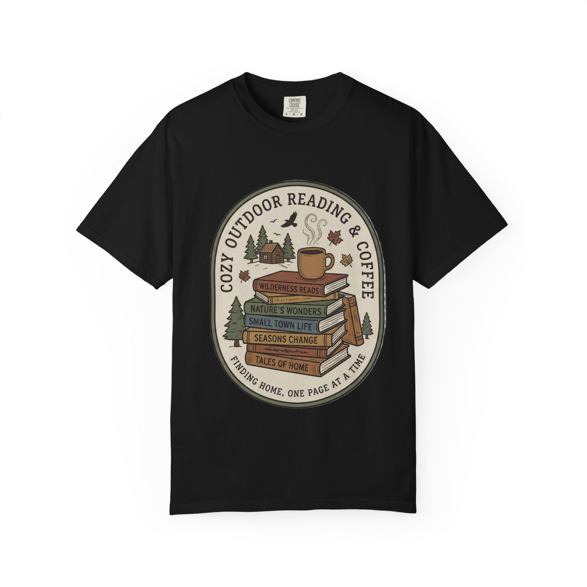 Cozy Outdoor Reading & Coffee T-Shirt — Stack of Books, Mug & Nature Badge