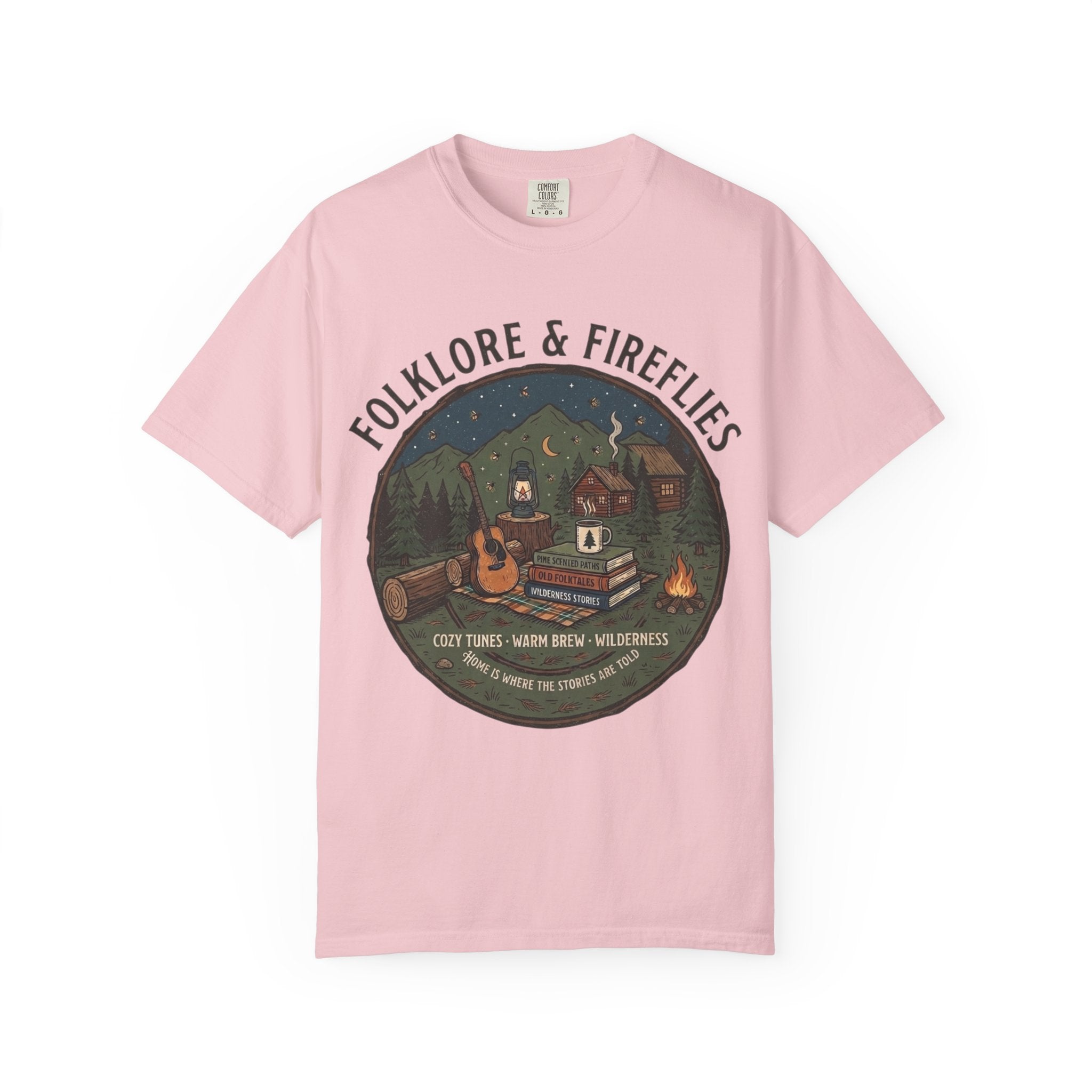 Folklore & Fireflies Camping T-Shirt — Guitar, Campfire & Mountain Night Graphic