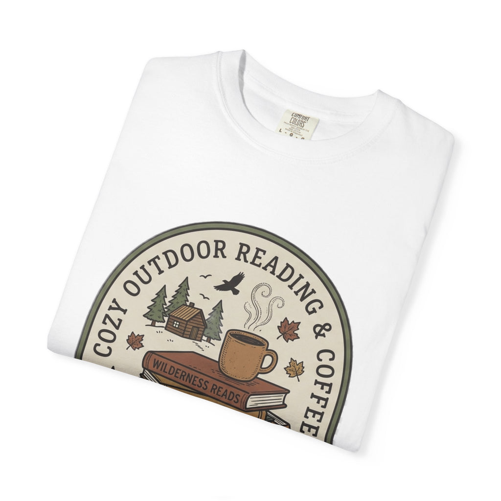 Cozy Outdoor Reading & Coffee T-Shirt — Stack of Books, Mug & Nature Badge