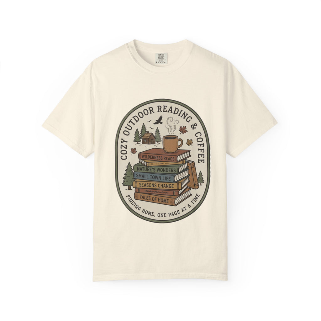 Cozy Outdoor Reading & Coffee T-Shirt — Stack of Books, Mug & Nature Badge