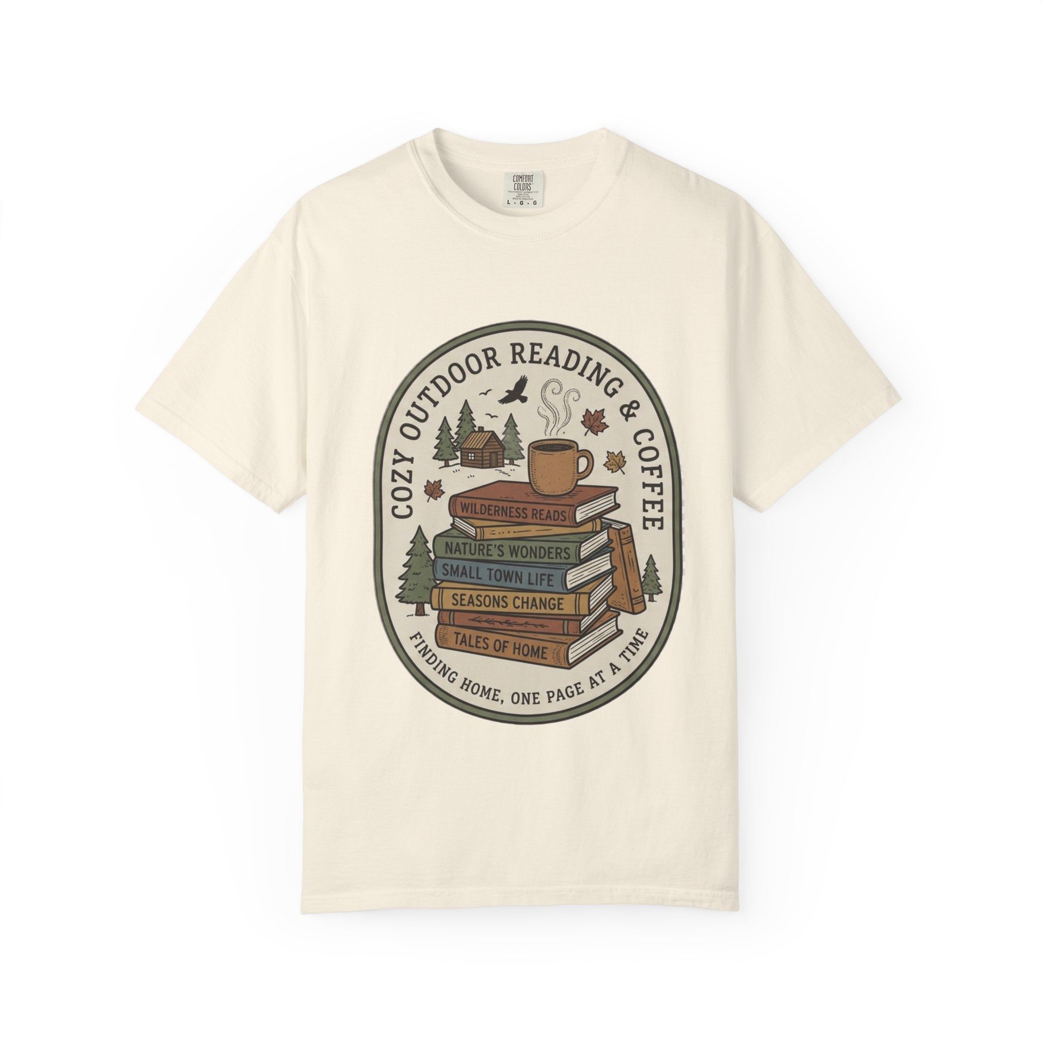 Cozy Outdoor Reading & Coffee T-Shirt — Stack of Books, Mug & Nature Badge