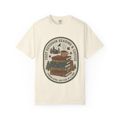 Cozy Outdoor Reading & Coffee T-Shirt — Stack of Books, Mug & Nature Badge