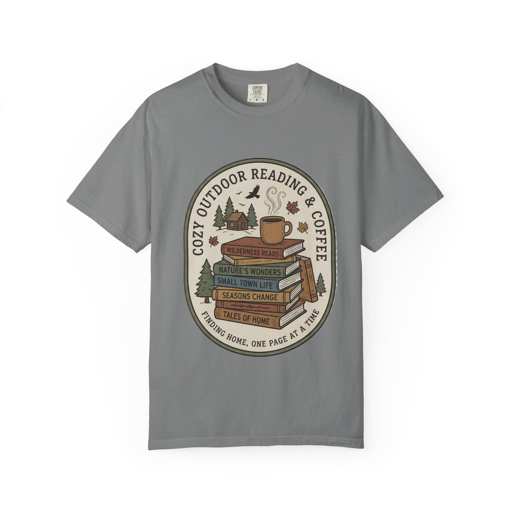 Cozy Outdoor Reading & Coffee T-Shirt — Stack of Books, Mug & Nature Badge