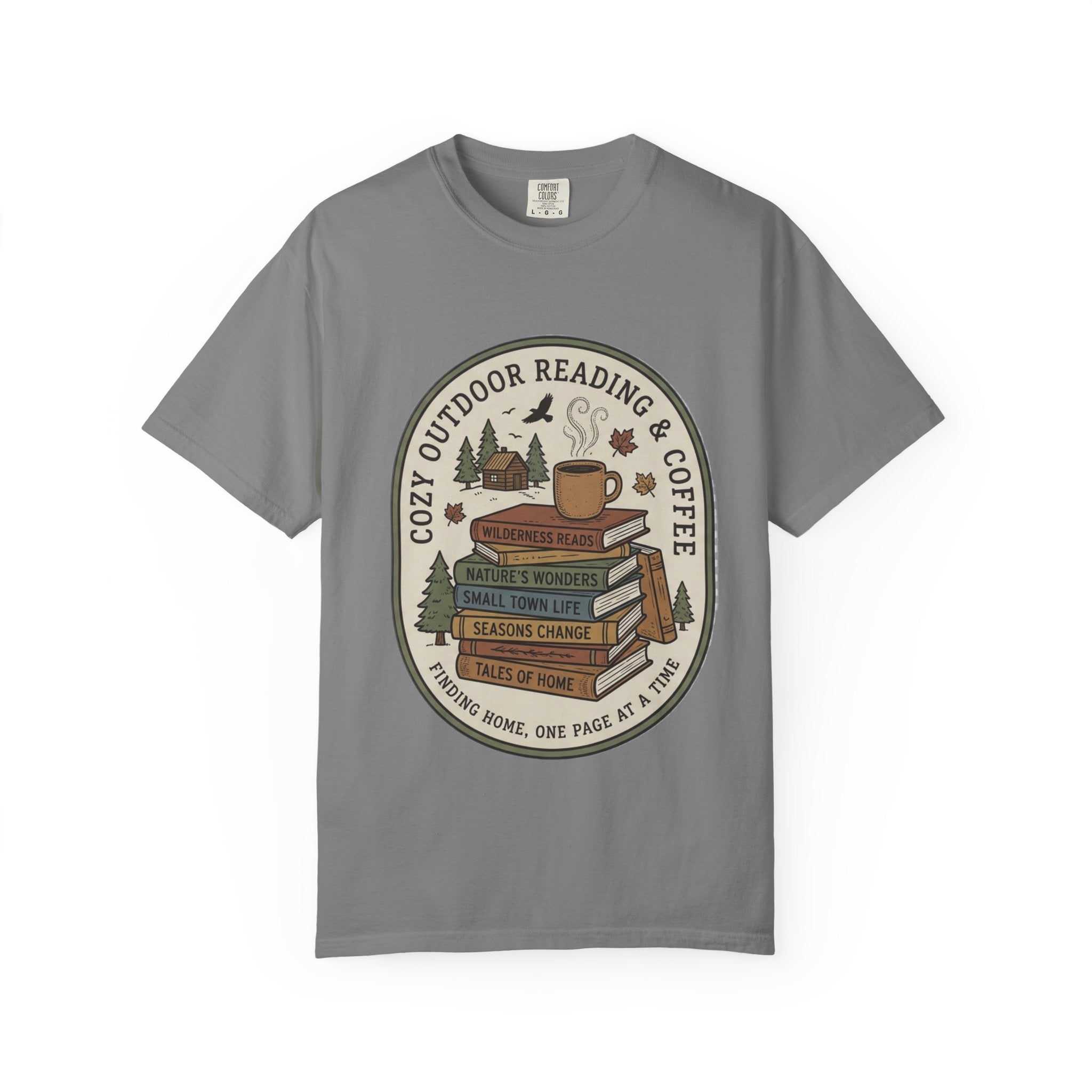 Cozy Outdoor Reading & Coffee T-Shirt — Stack of Books, Mug & Nature Badge