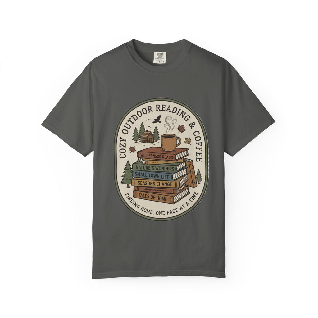 Cozy Outdoor Reading & Coffee T-Shirt — Stack of Books, Mug & Nature Badge