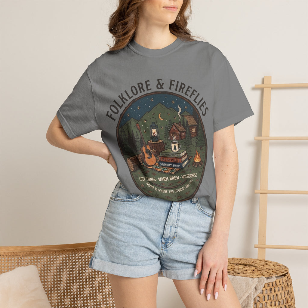 Folklore & Fireflies Camping T-Shirt — Guitar, Campfire & Mountain Night Graphic