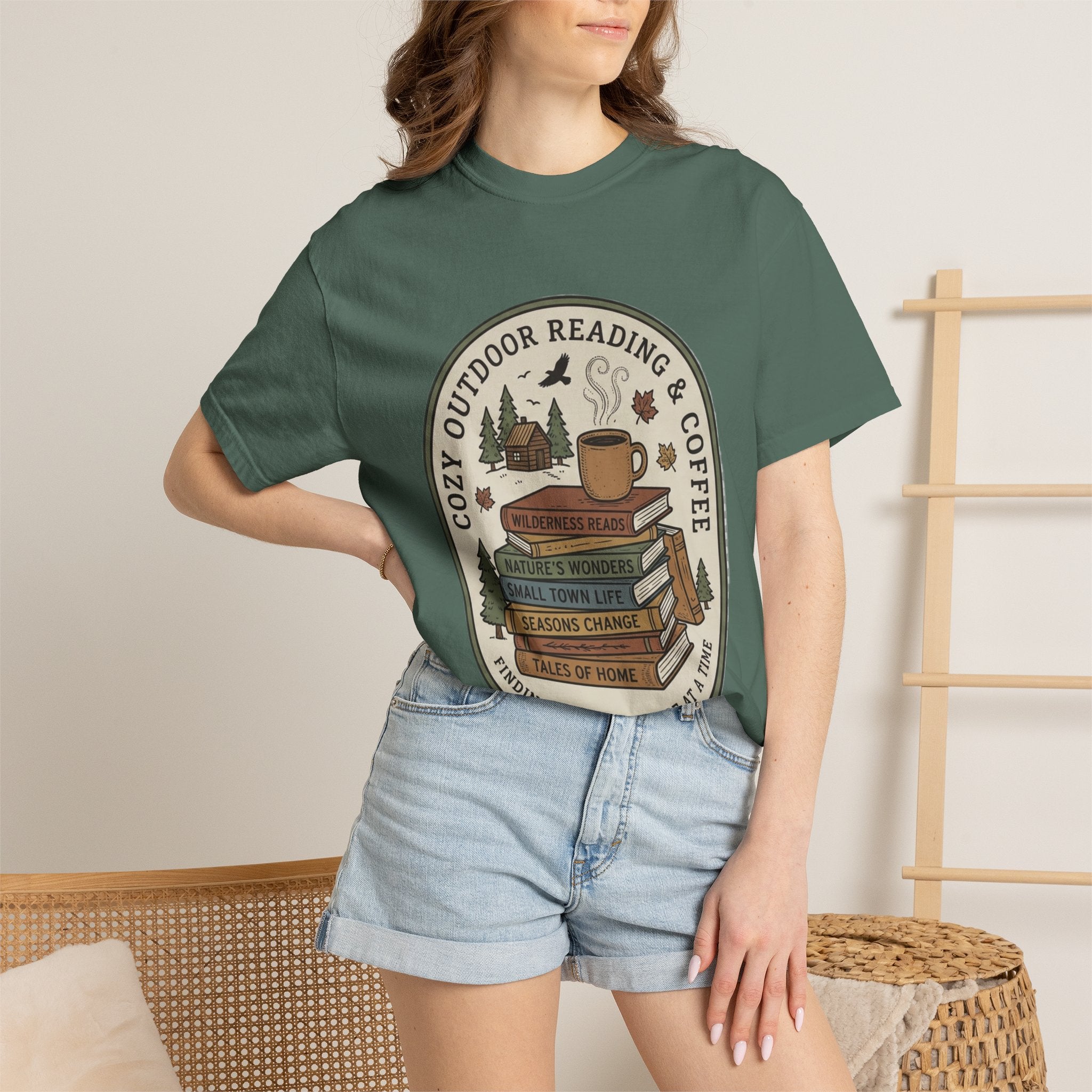 Cozy Outdoor Reading & Coffee T-Shirt — Stack of Books, Mug & Nature Badge