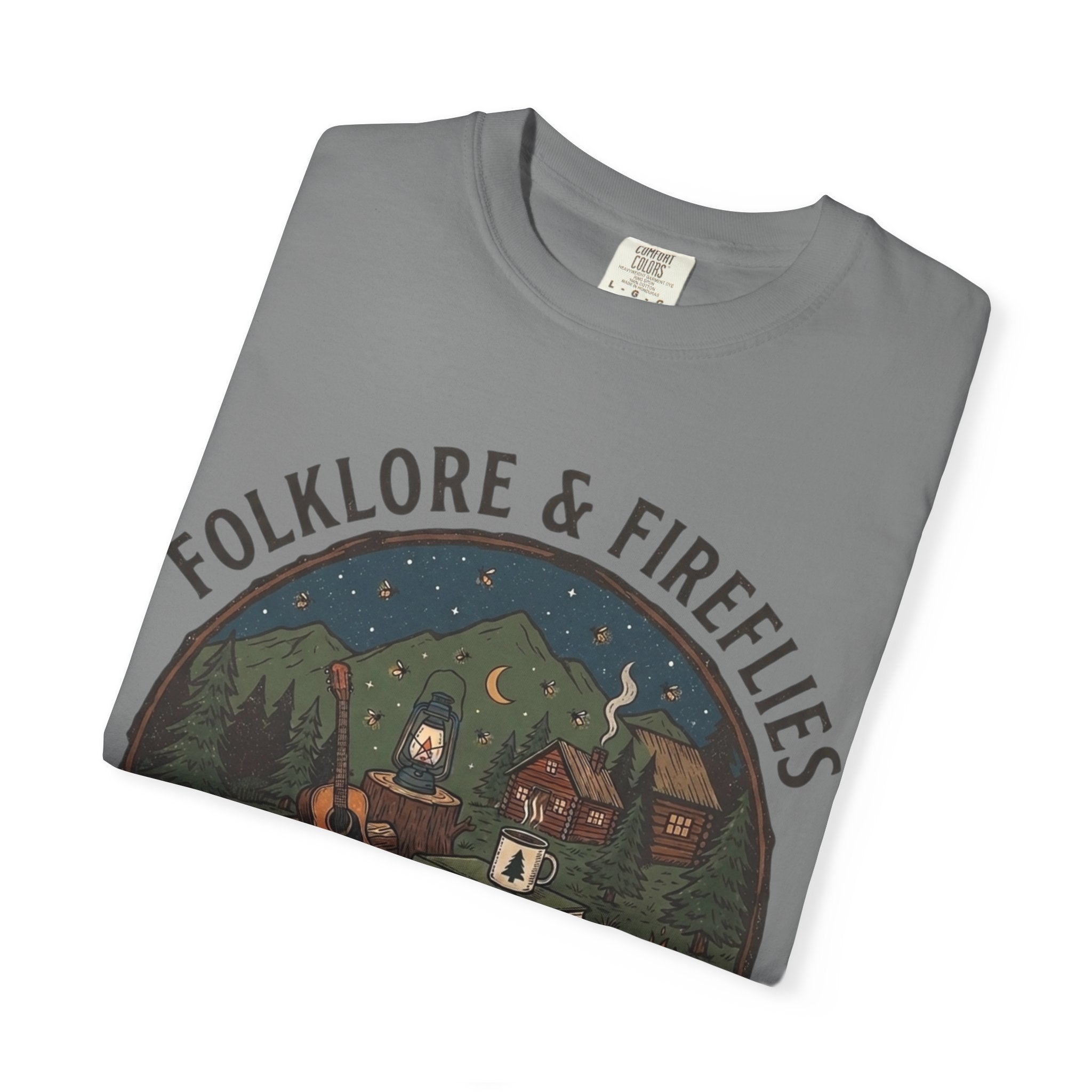 Folklore & Fireflies Camping T-Shirt — Guitar, Campfire & Mountain Night Graphic