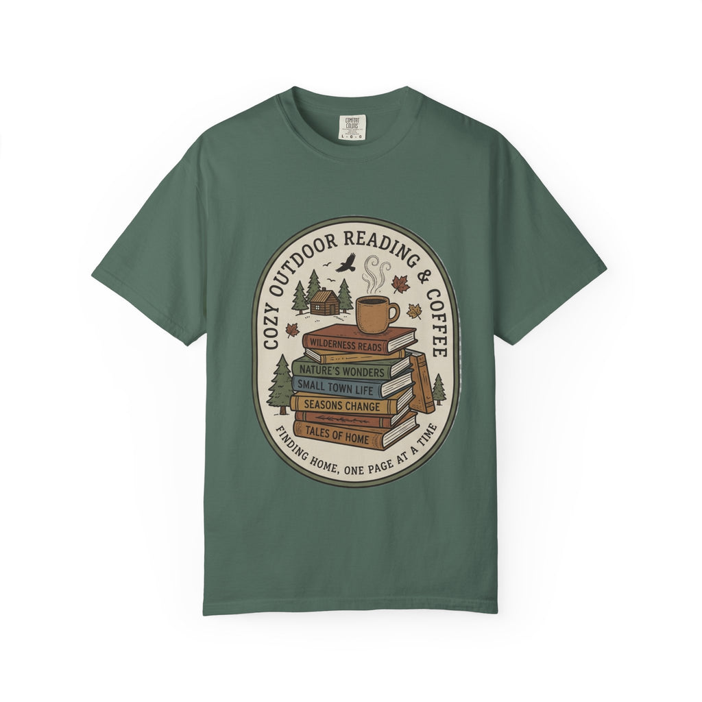 Cozy Outdoor Reading & Coffee T-Shirt — Stack of Books, Mug & Nature Badge