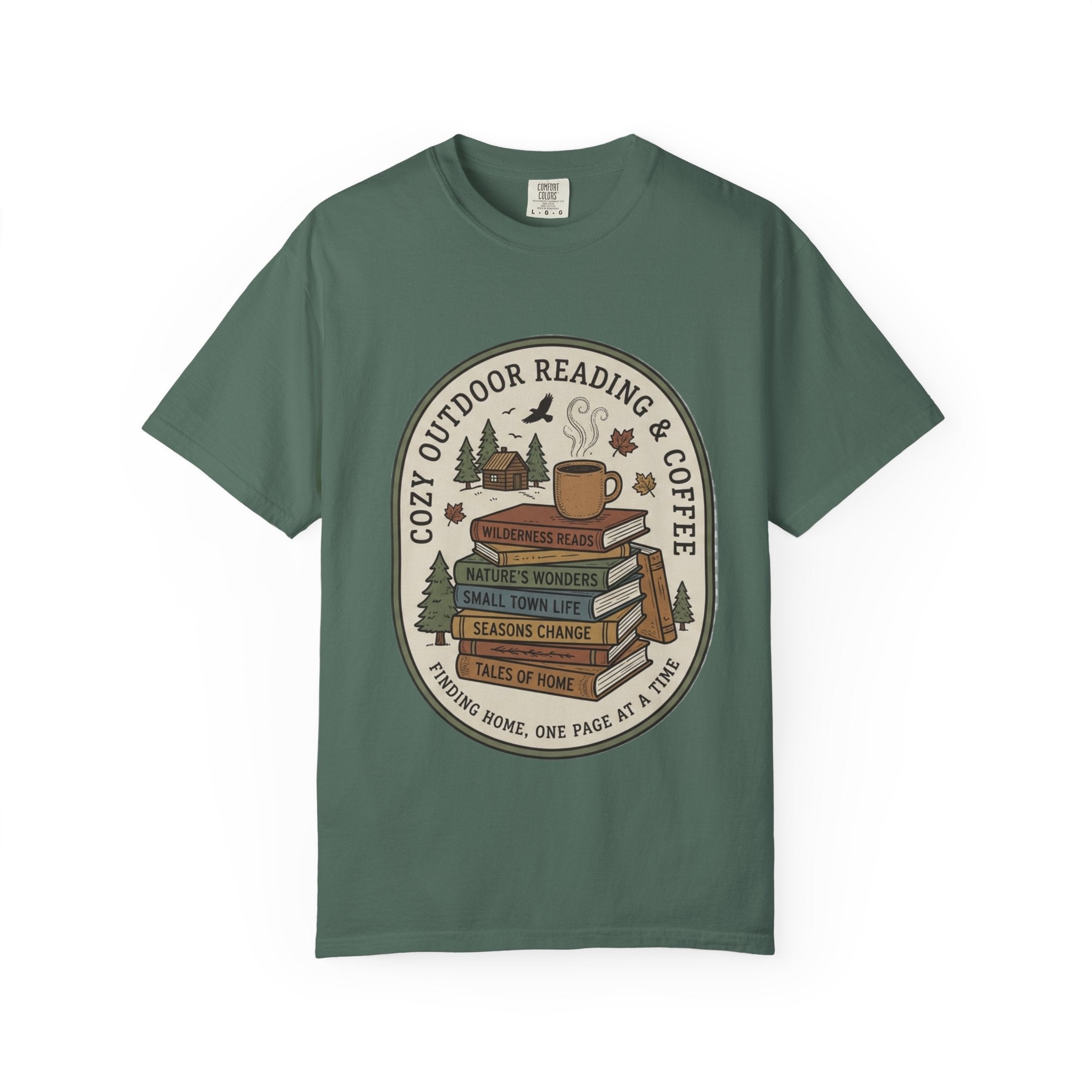 Cozy Outdoor Reading & Coffee T-Shirt — Stack of Books, Mug & Nature Badge