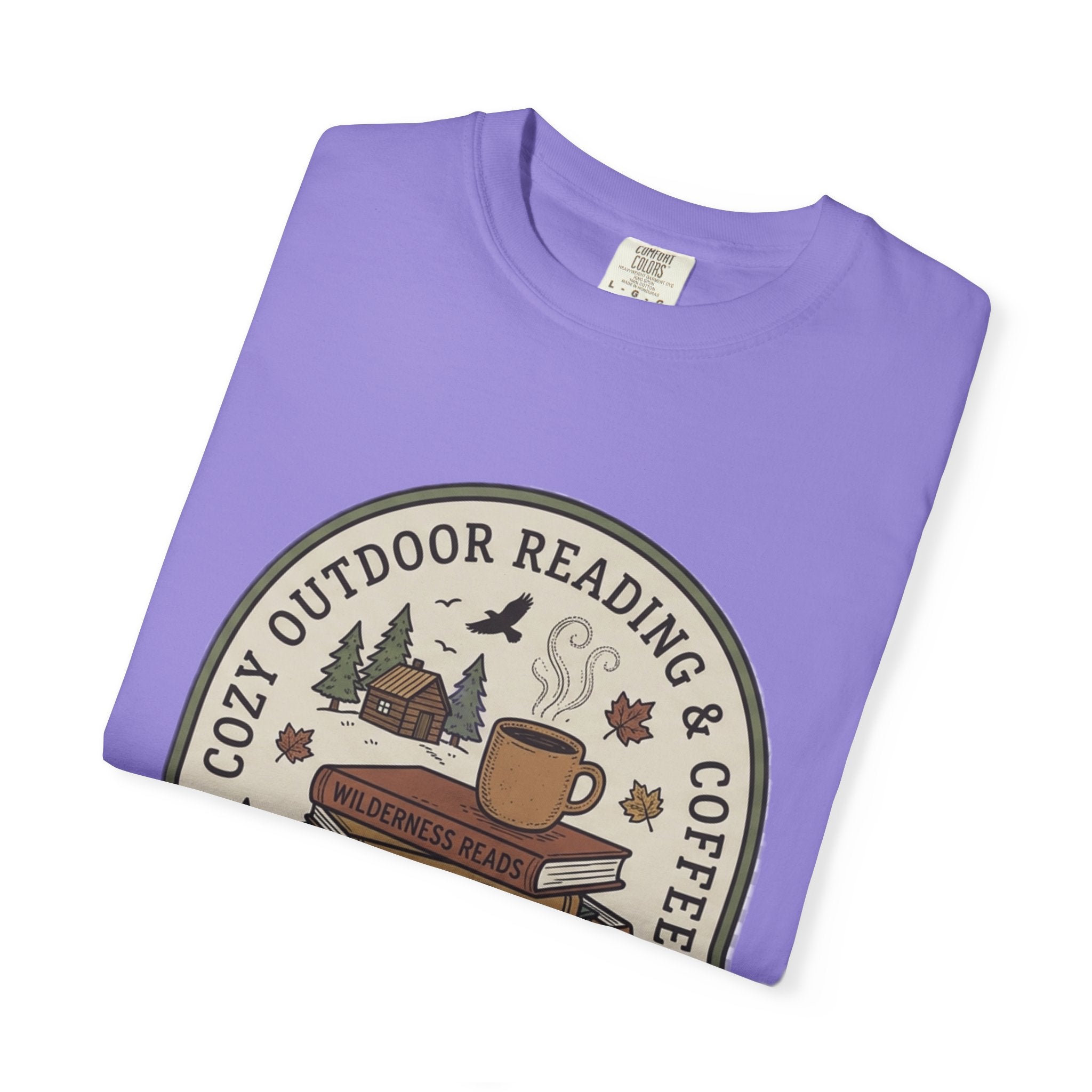 Cozy Outdoor Reading & Coffee T-Shirt — Stack of Books, Mug & Nature Badge