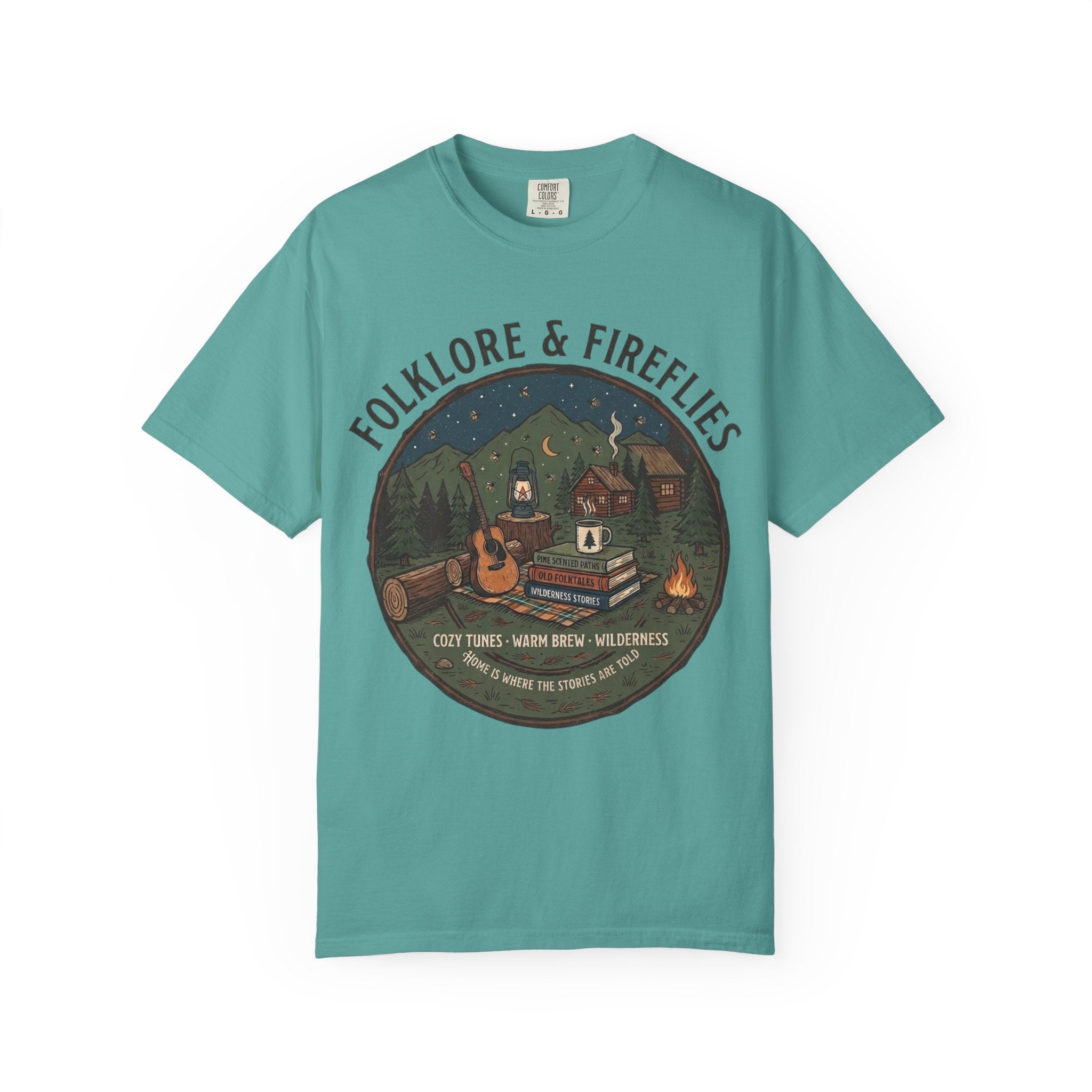 Folklore & Fireflies Camping T-Shirt — Guitar, Campfire & Mountain Night Graphic