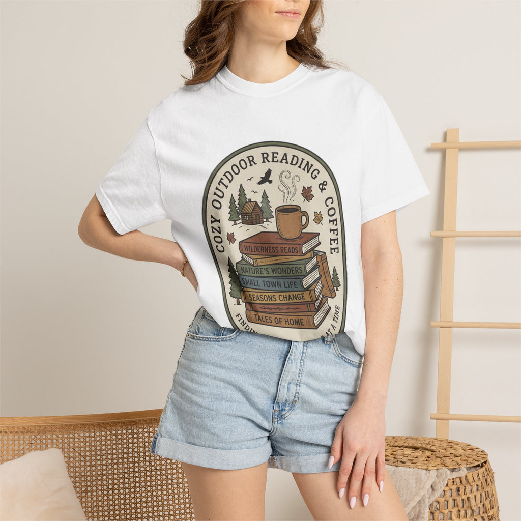 Cozy Outdoor Reading & Coffee T-Shirt — Stack of Books, Mug & Nature Badge