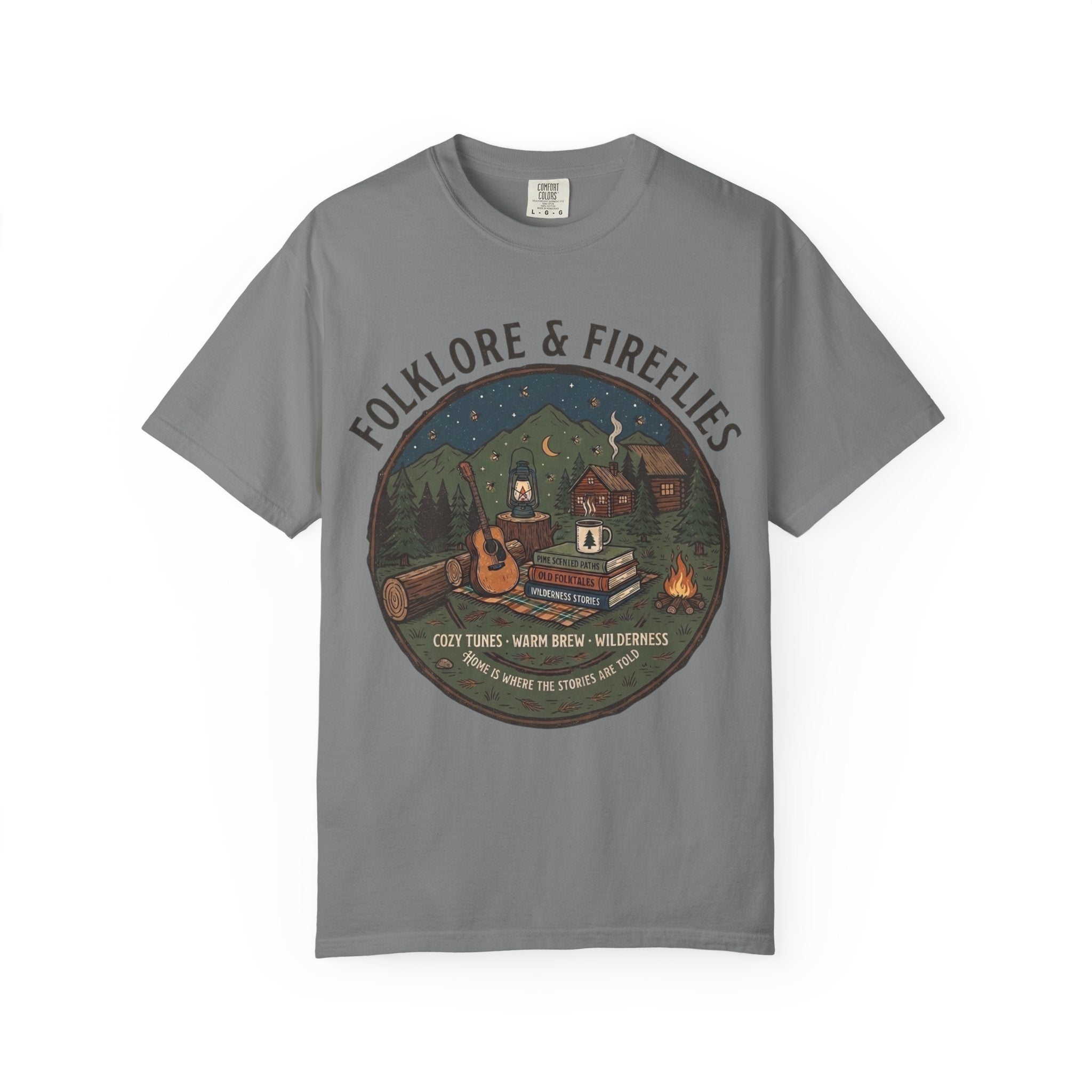 Folklore & Fireflies Camping T-Shirt — Guitar, Campfire & Mountain Night Graphic