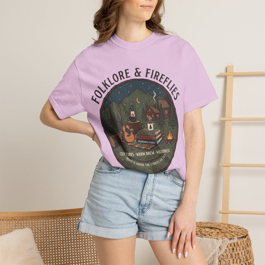 Folklore & Fireflies Camping T-Shirt — Guitar, Campfire & Mountain Night Graphic