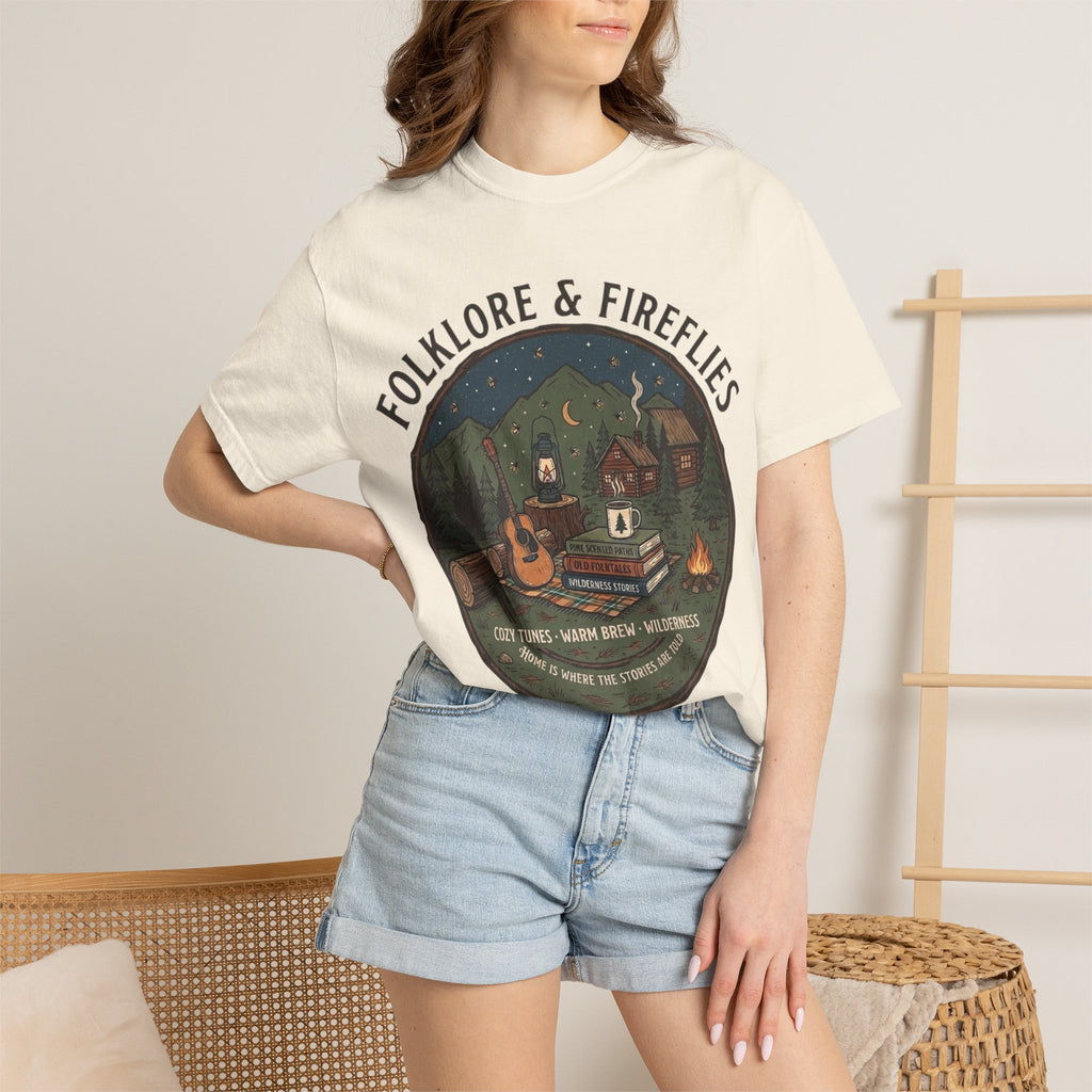 Folklore & Fireflies Camping T-Shirt — Guitar, Campfire & Mountain Night Graphic