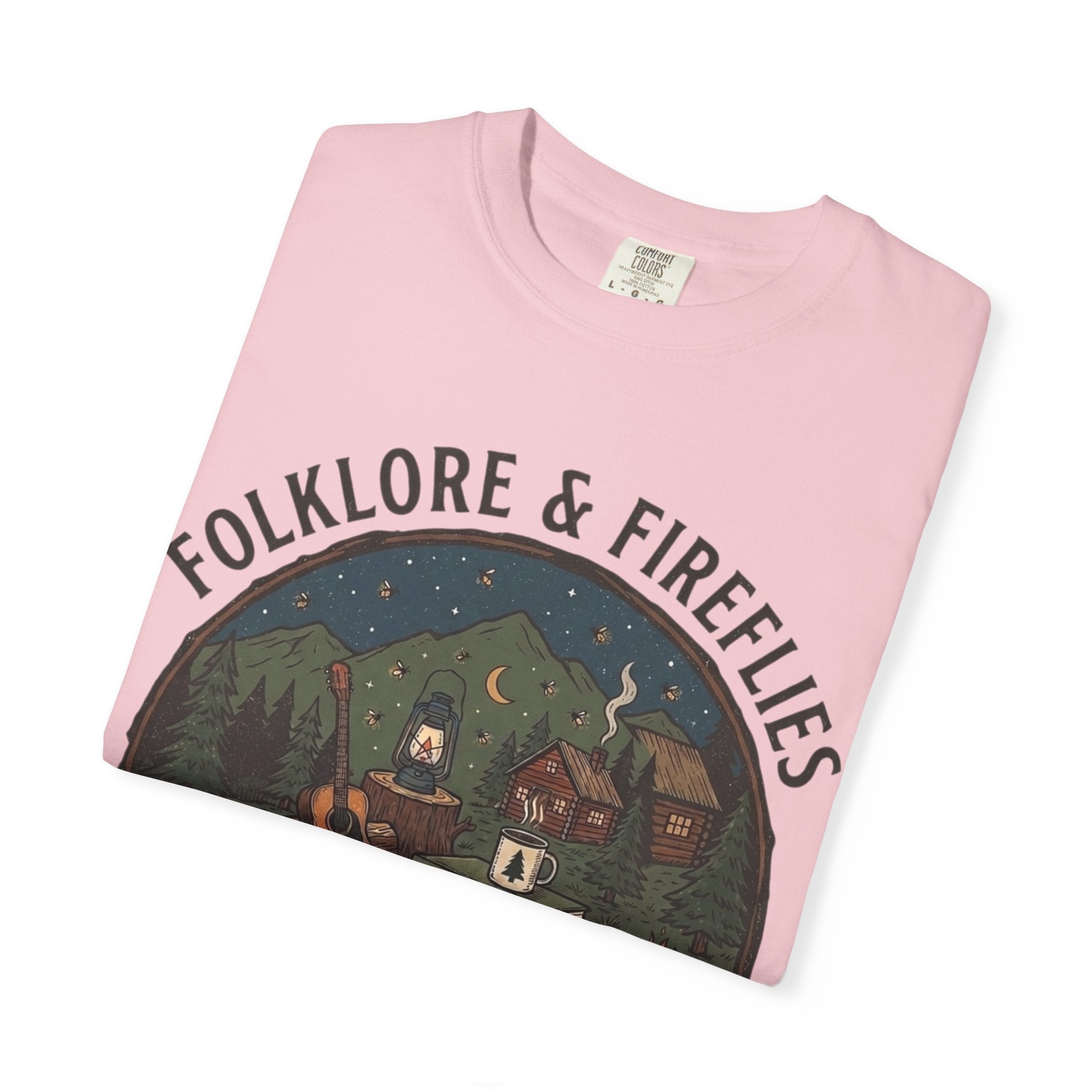 Folklore & Fireflies Camping T-Shirt — Guitar, Campfire & Mountain Night Graphic