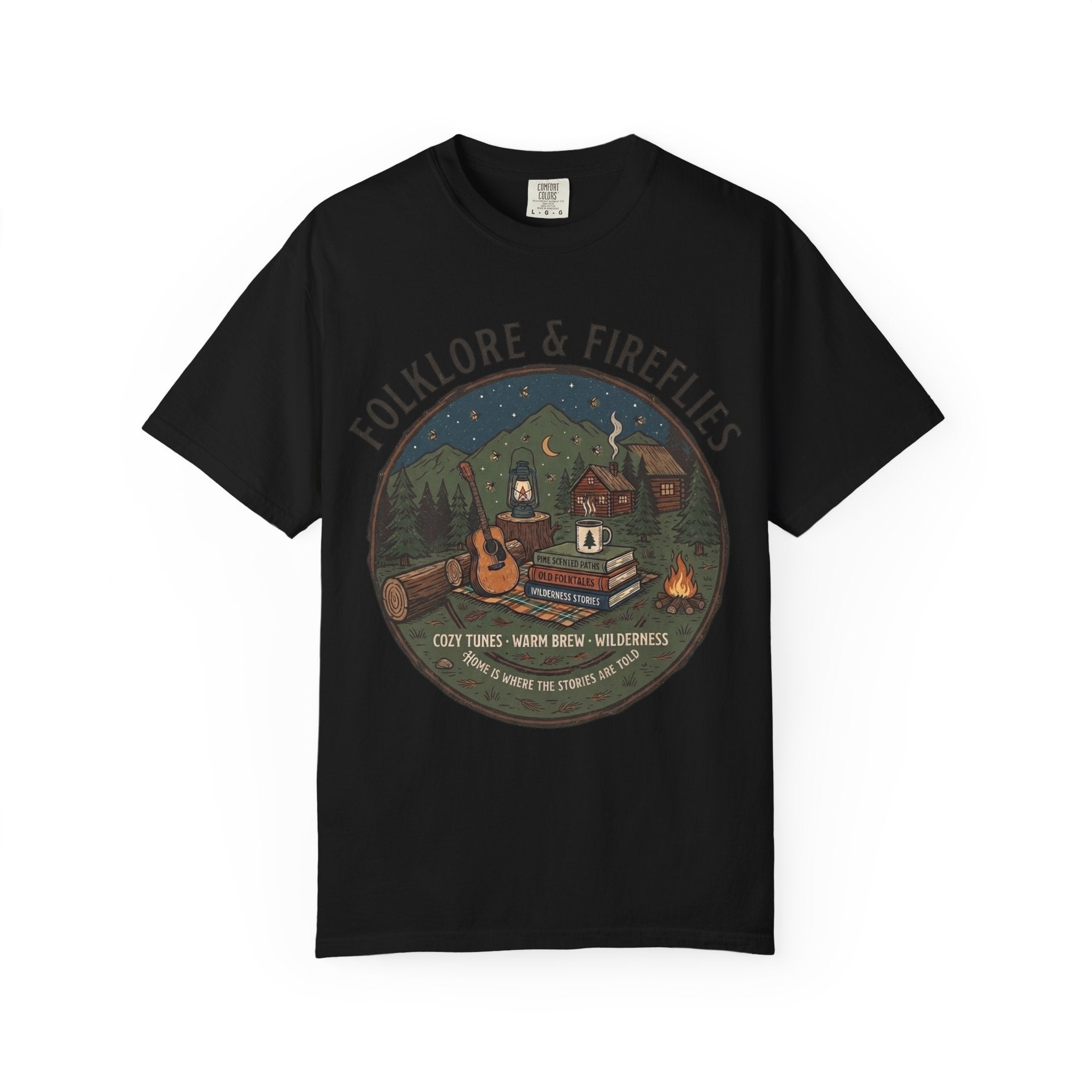 Folklore & Fireflies Camping T-Shirt — Guitar, Campfire & Mountain Night Graphic
