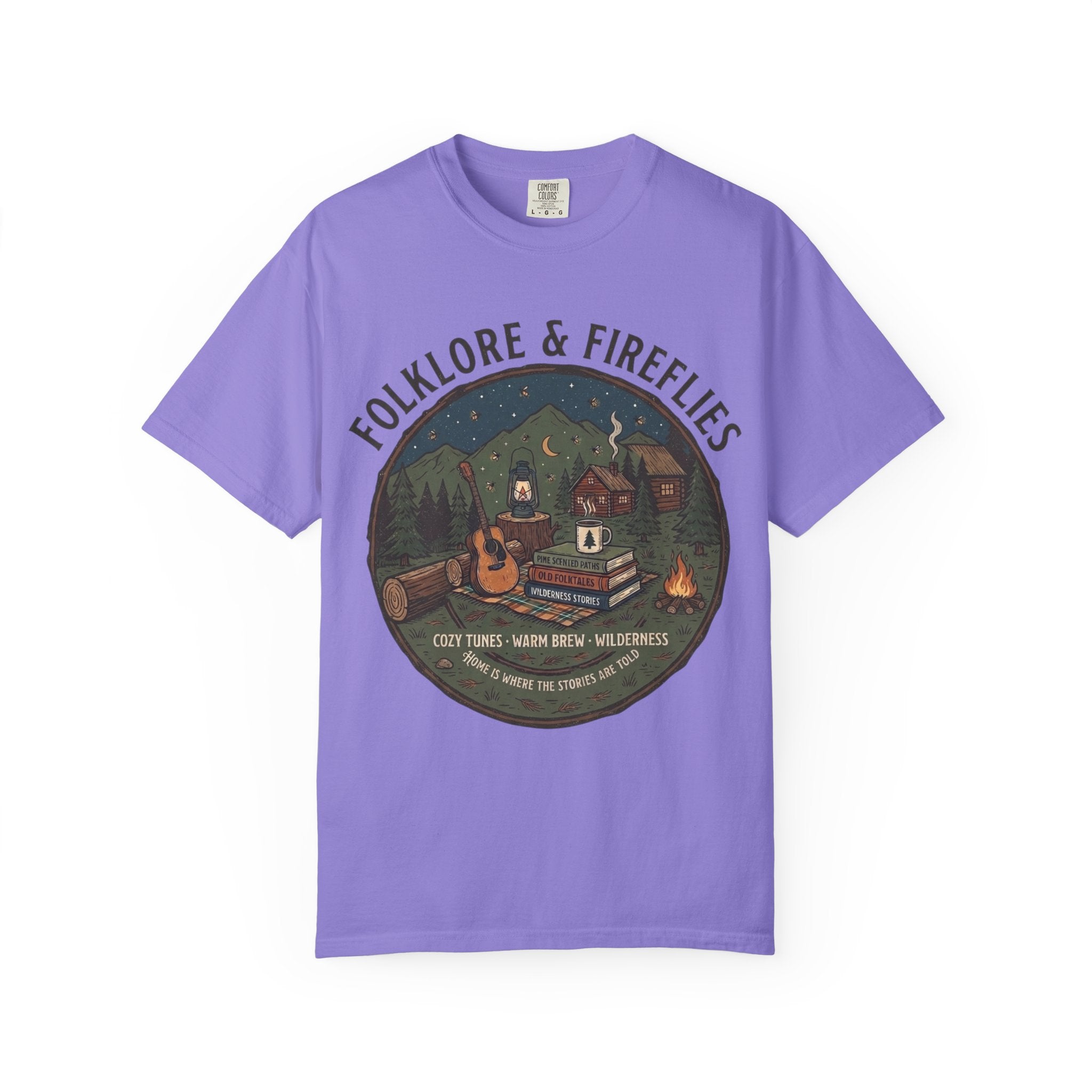 Folklore & Fireflies Camping T-Shirt — Guitar, Campfire & Mountain Night Graphic