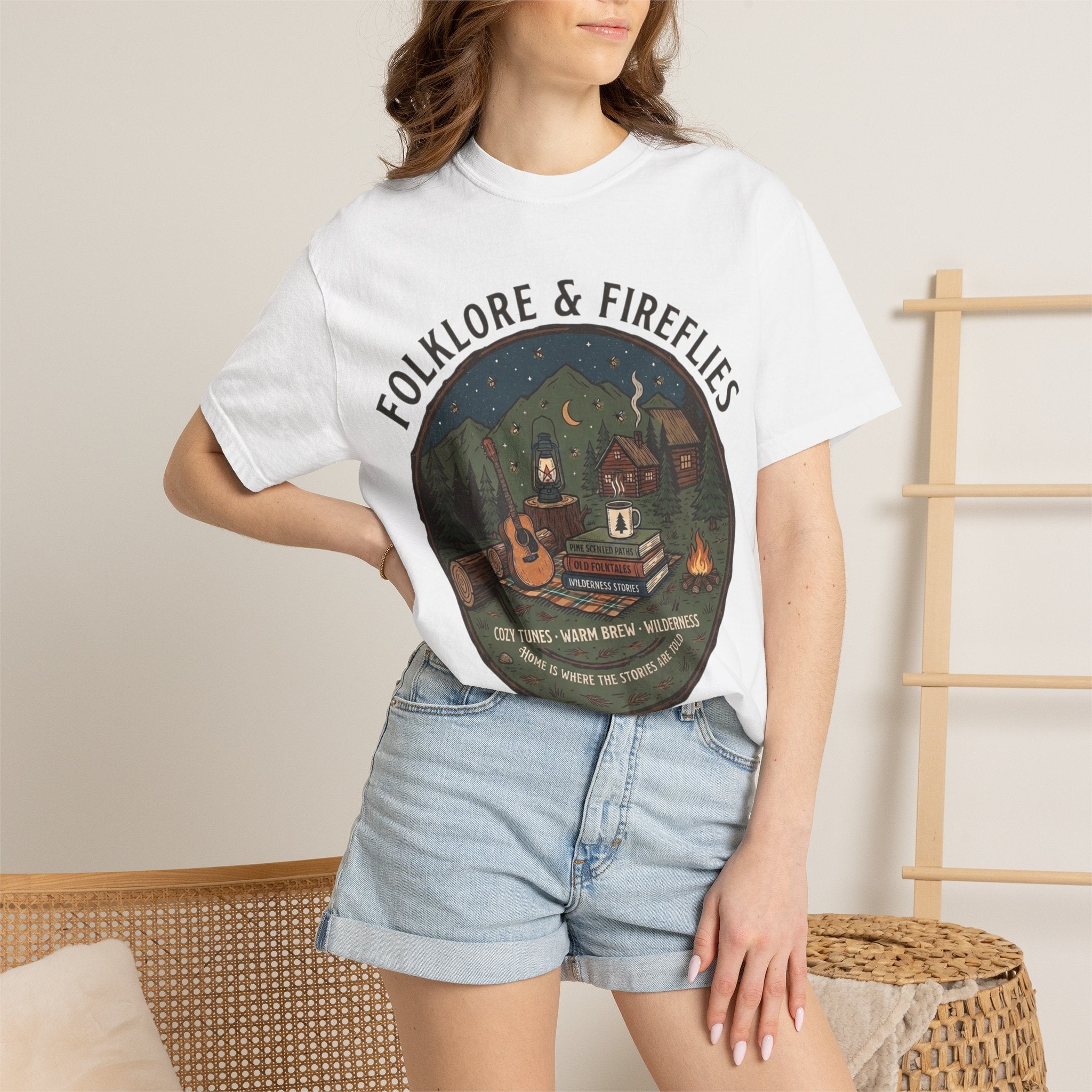 Folklore & Fireflies Camping T-Shirt — Guitar, Campfire & Mountain Night Graphic