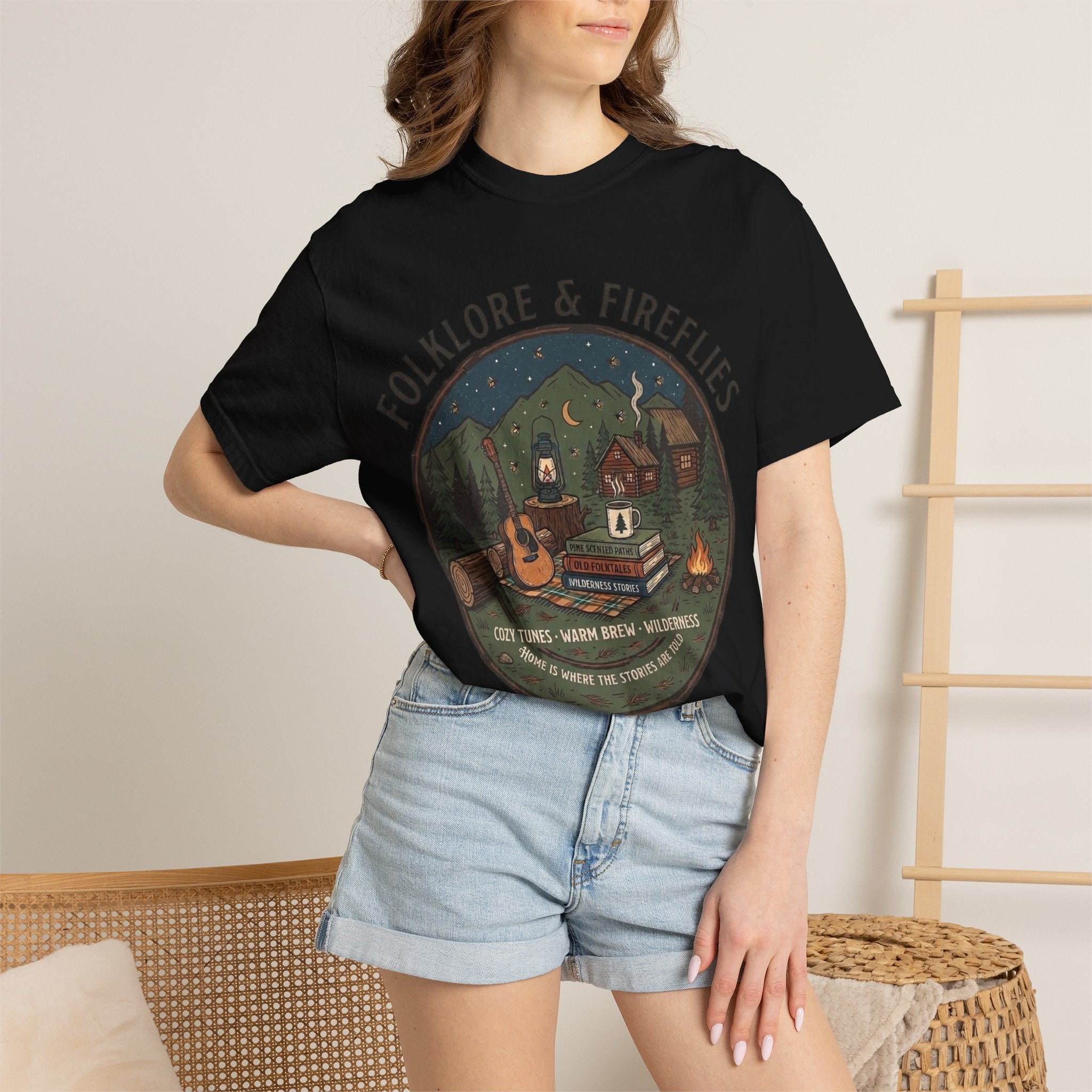 Folklore & Fireflies Camping T-Shirt — Guitar, Campfire & Mountain Night Graphic