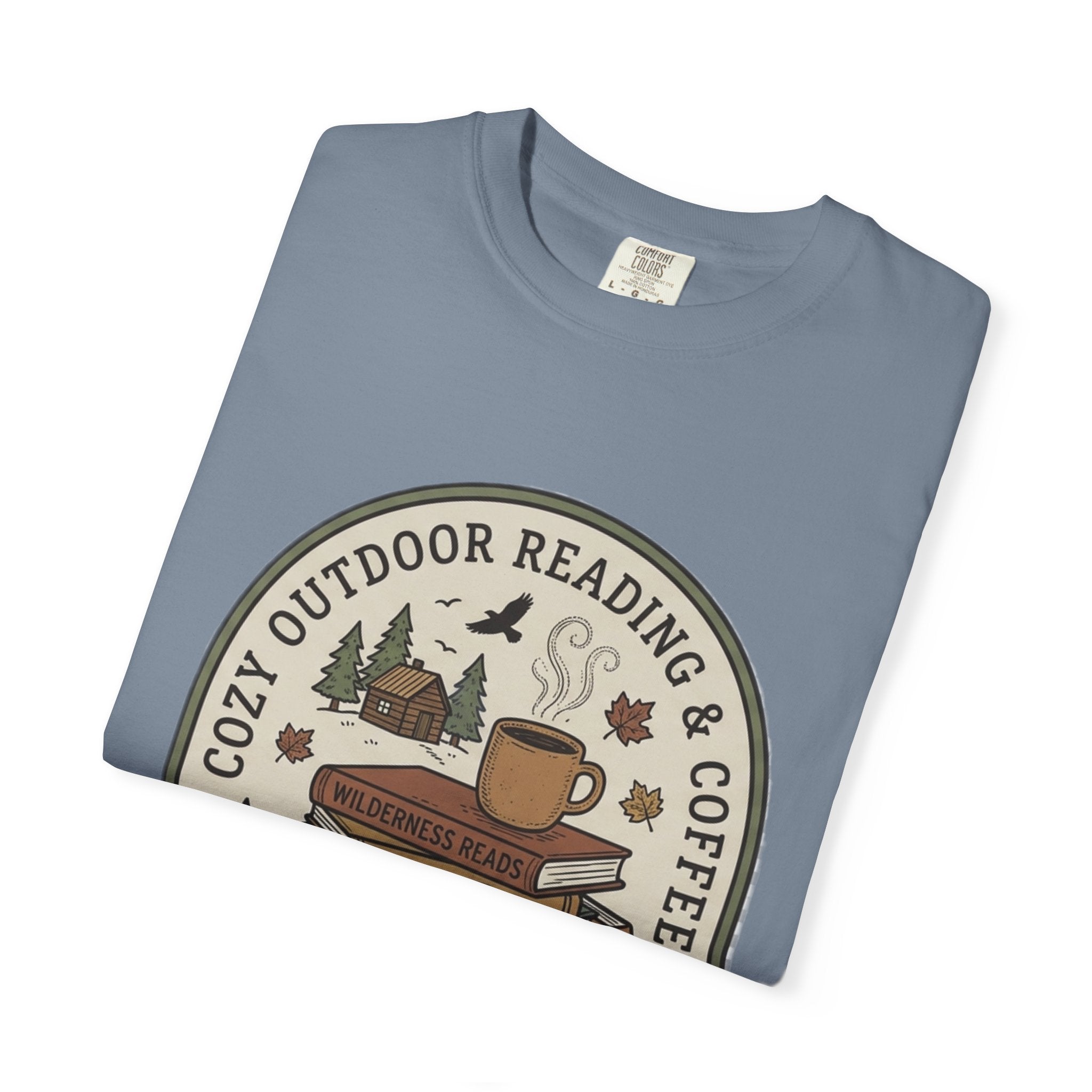 Cozy Outdoor Reading & Coffee T-Shirt — Stack of Books, Mug & Nature Badge