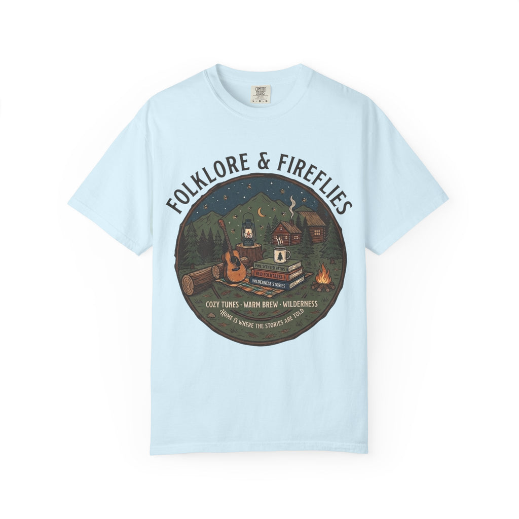 Folklore & Fireflies Camping T-Shirt — Guitar, Campfire & Mountain Night Graphic