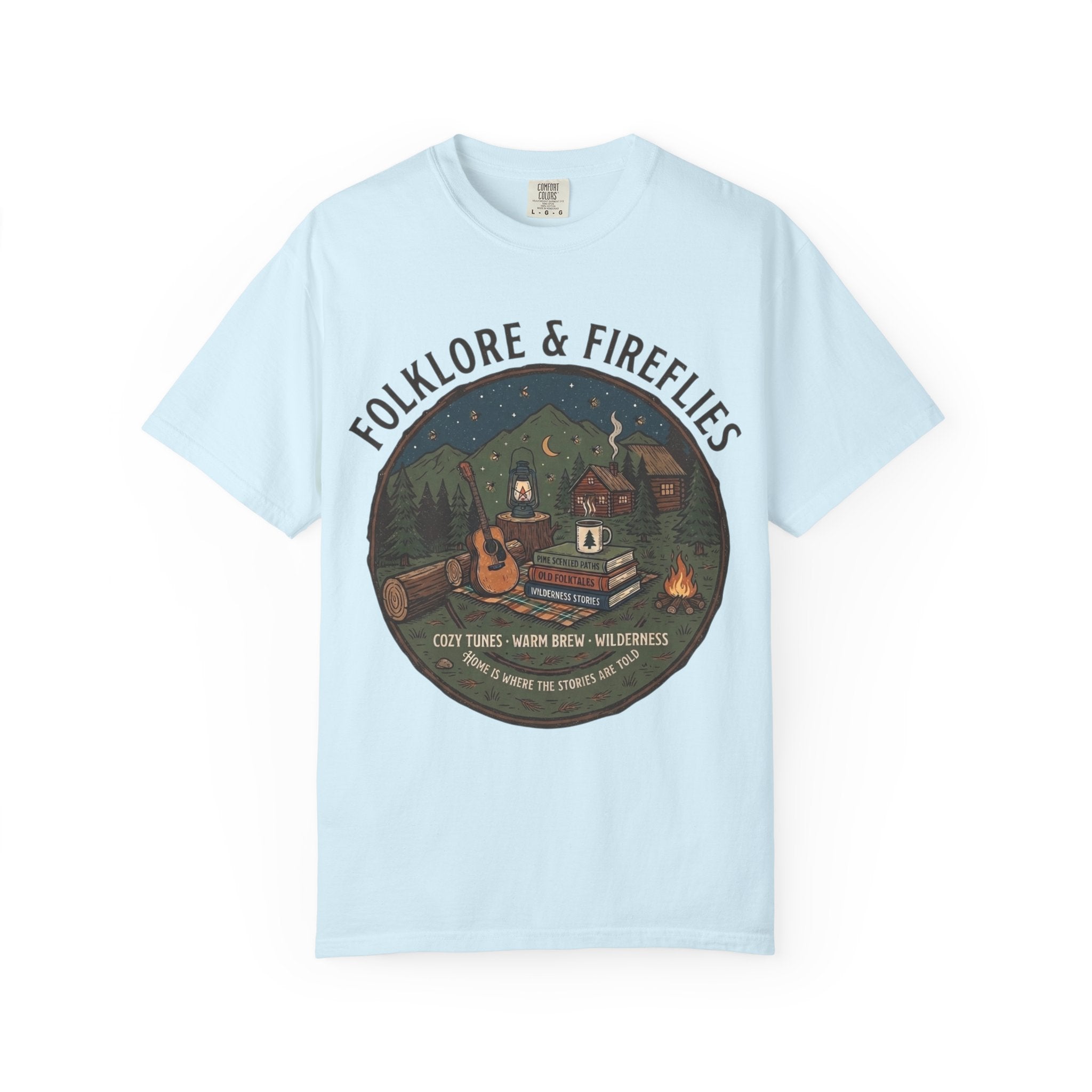 Folklore & Fireflies Camping T-Shirt — Guitar, Campfire & Mountain Night Graphic