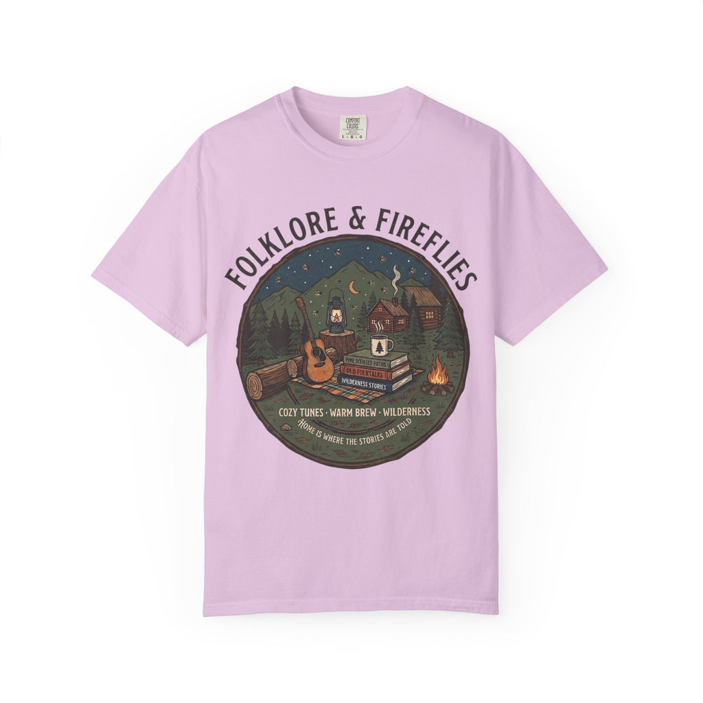 Folklore & Fireflies Camping T-Shirt — Guitar, Campfire & Mountain Night Graphic