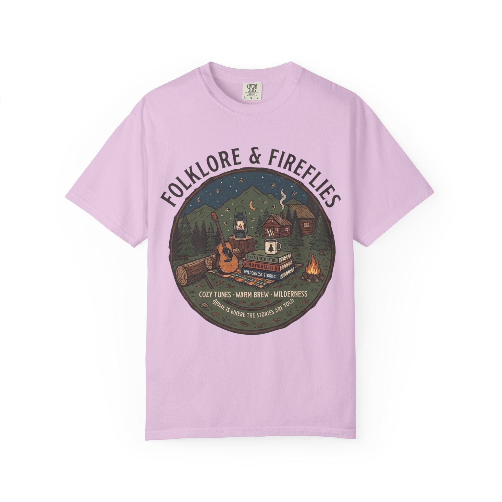 Folklore & Fireflies Camping T-Shirt — Guitar, Campfire & Mountain Night Graphic