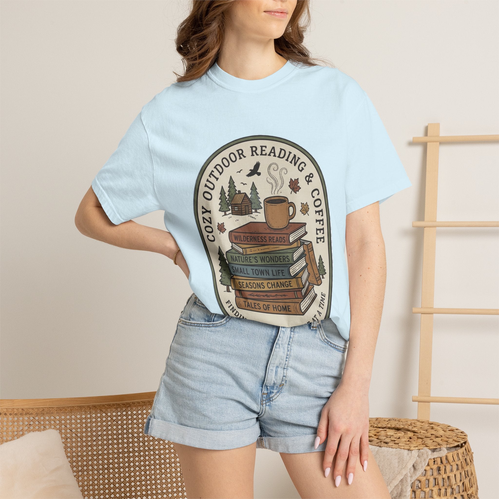 Cozy Outdoor Reading & Coffee T-Shirt — Stack of Books, Mug & Nature Badge