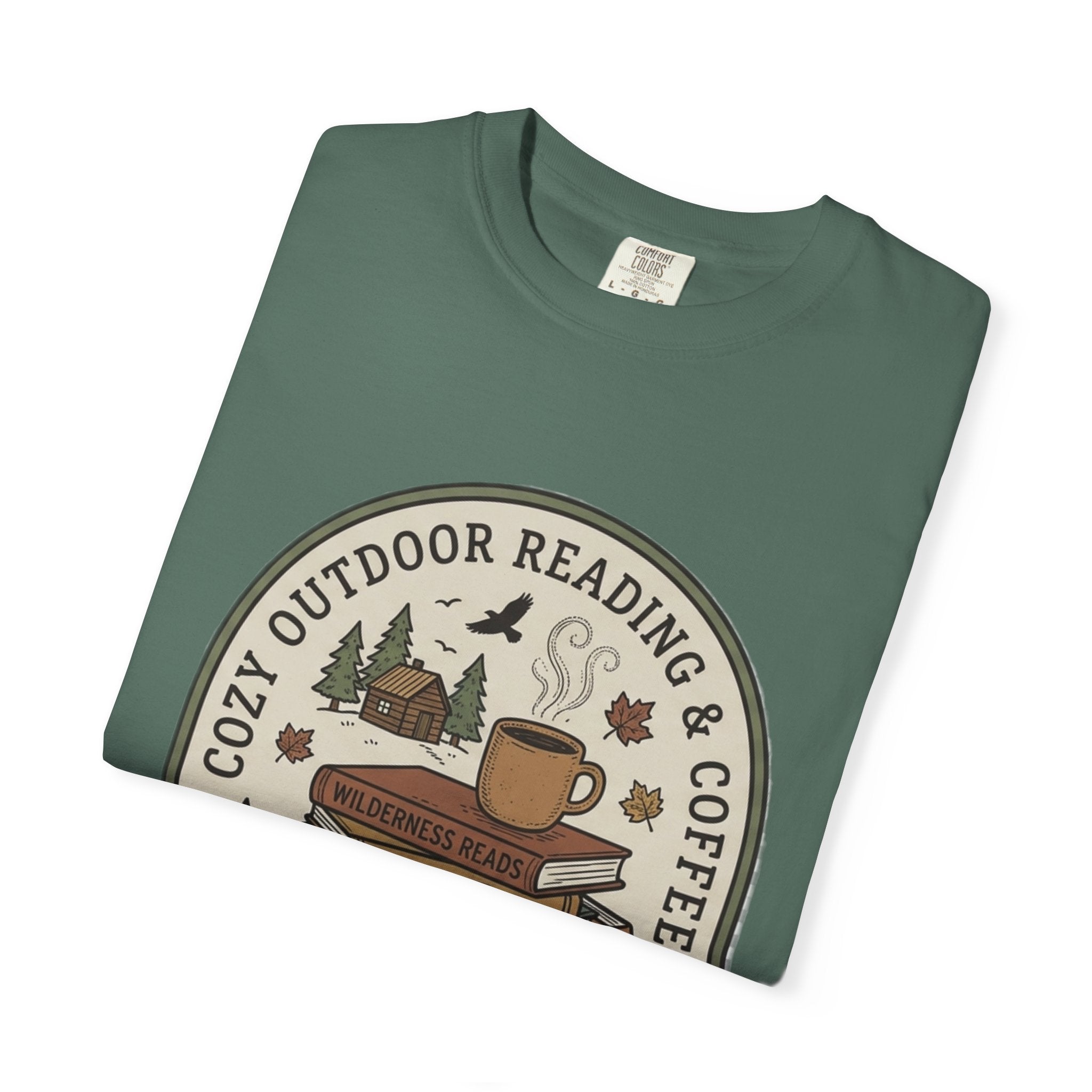 Cozy Outdoor Reading & Coffee T-Shirt — Stack of Books, Mug & Nature Badge
