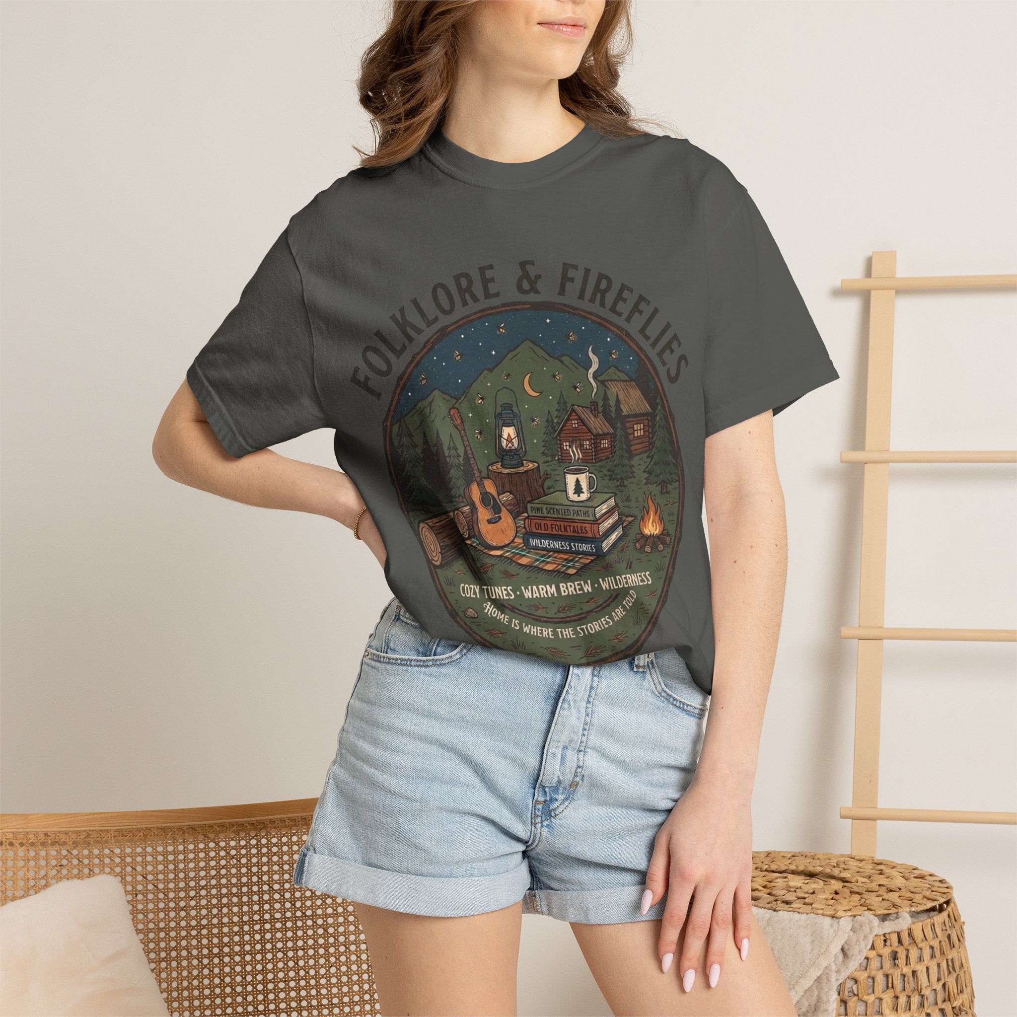 Folklore & Fireflies Camping T-Shirt — Guitar, Campfire & Mountain Night Graphic
