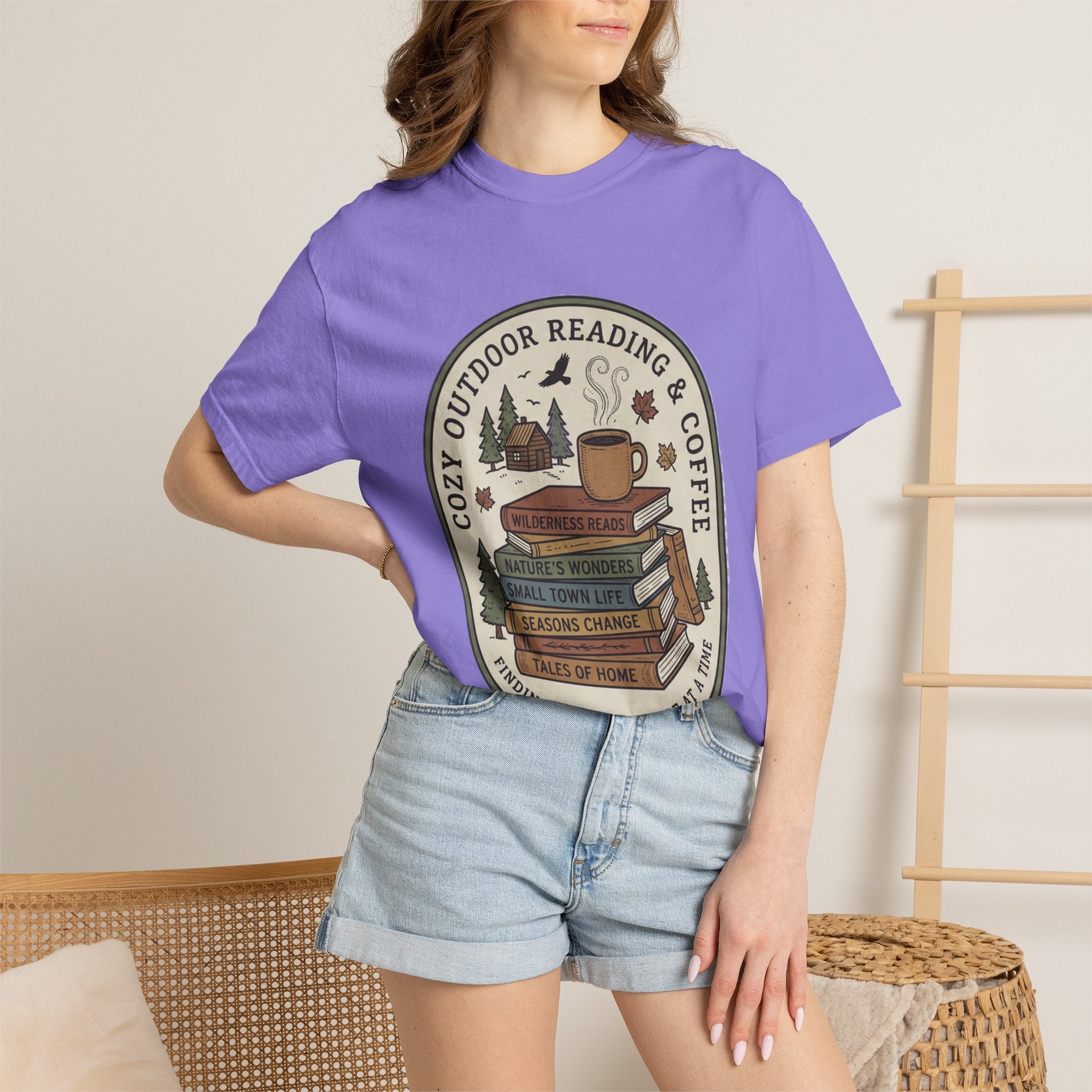 Cozy Outdoor Reading & Coffee T-Shirt — Stack of Books, Mug & Nature Badge