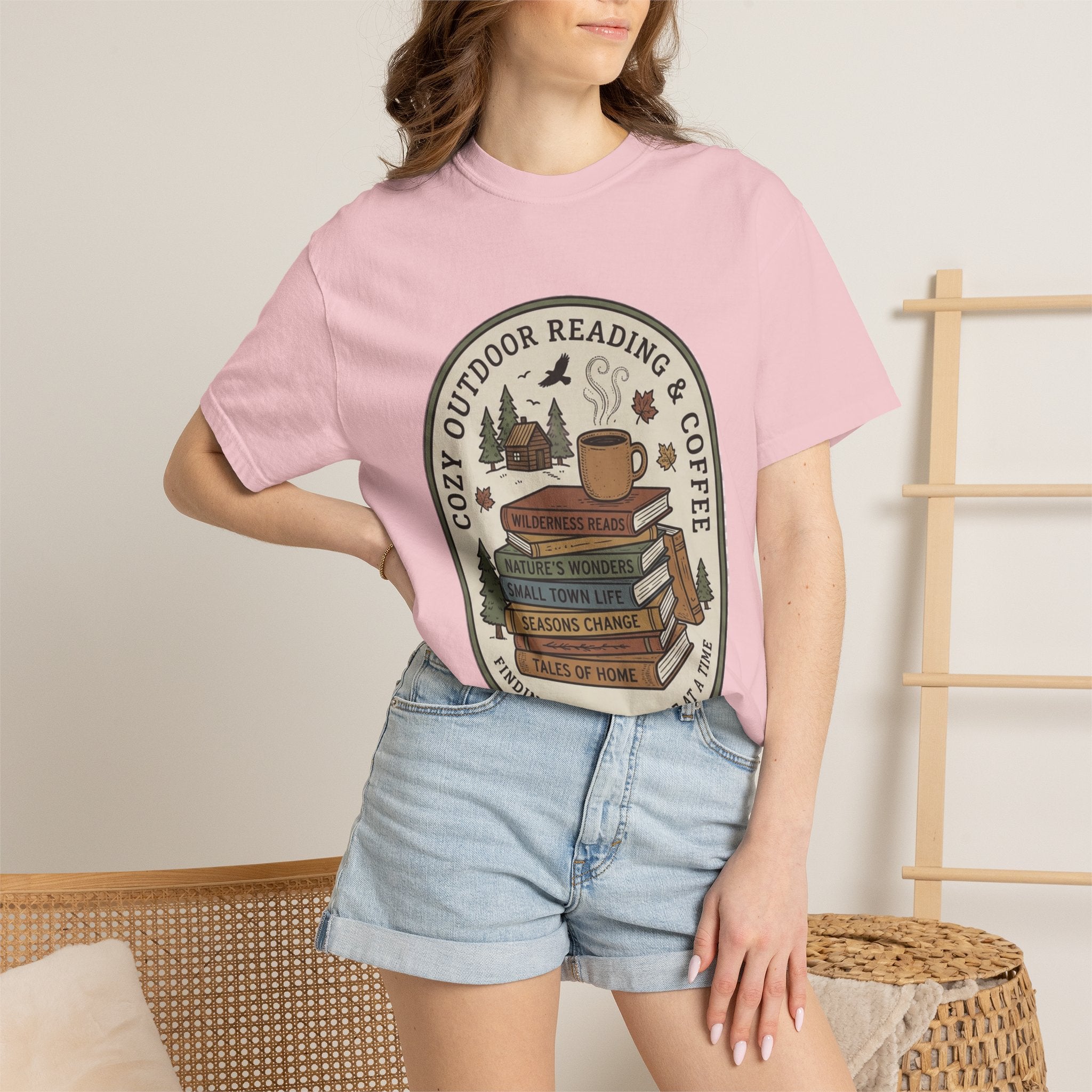 Cozy Outdoor Reading & Coffee T-Shirt — Stack of Books, Mug & Nature Badge