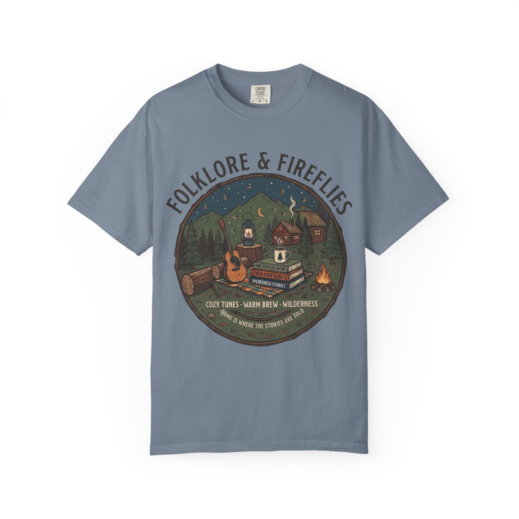 Folklore & Fireflies Camping T-Shirt — Guitar, Campfire & Mountain Night Graphic