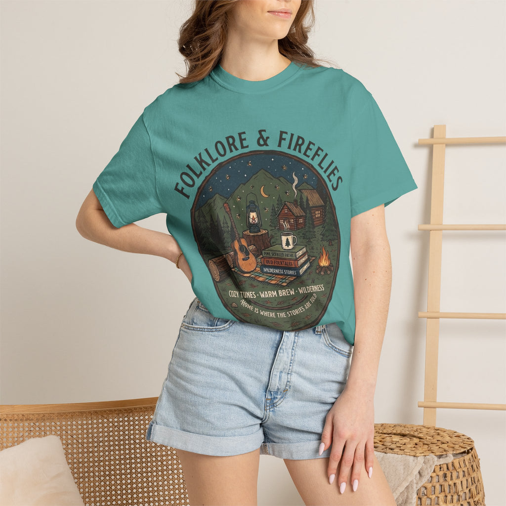 Folklore & Fireflies Camping T-Shirt — Guitar, Campfire & Mountain Night Graphic