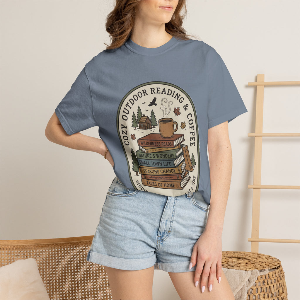Cozy Outdoor Reading & Coffee T-Shirt — Stack of Books, Mug & Nature Badge