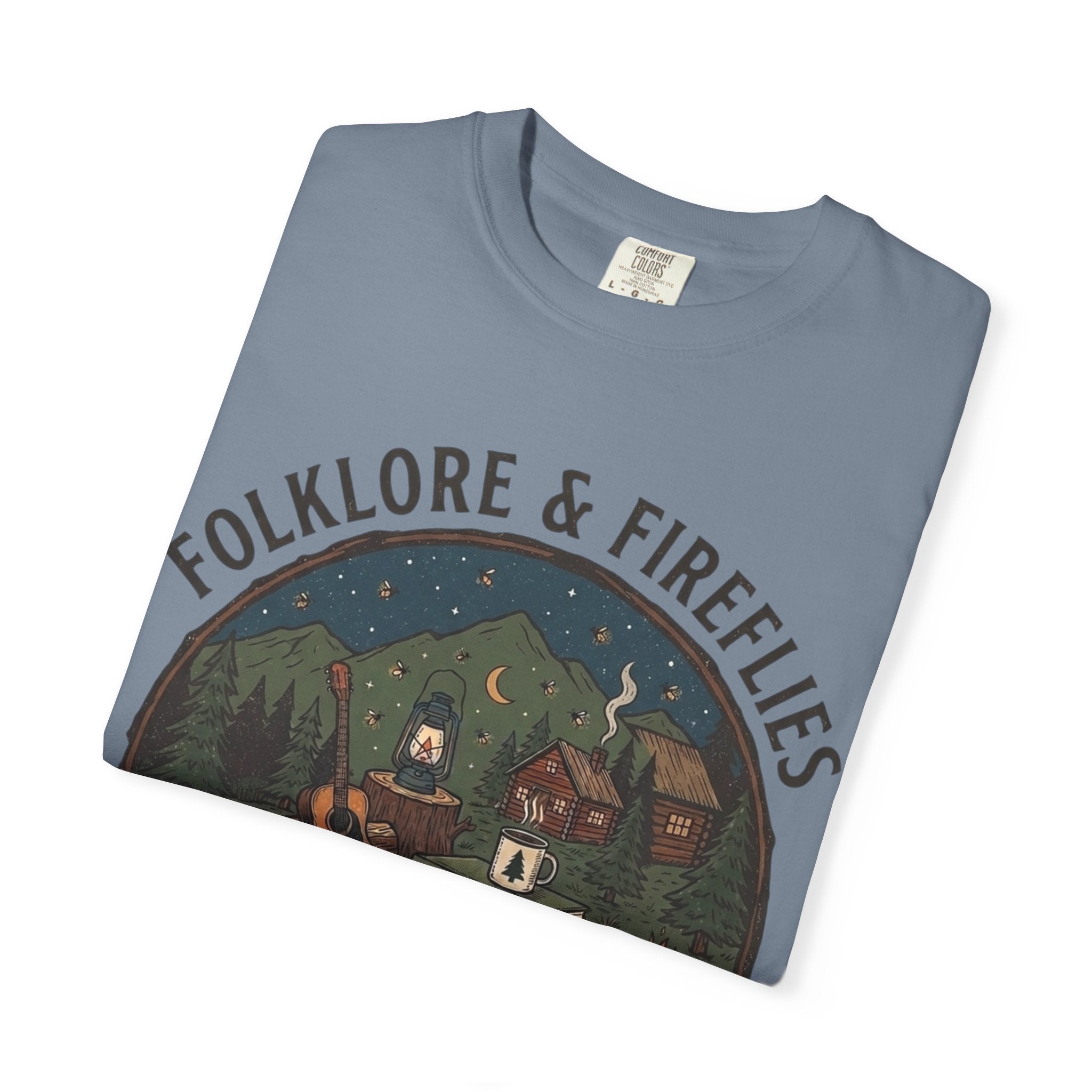 Folklore & Fireflies Camping T-Shirt — Guitar, Campfire & Mountain Night Graphic