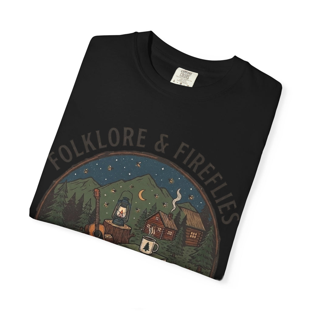 Folklore & Fireflies Camping T-Shirt — Guitar, Campfire & Mountain Night Graphic