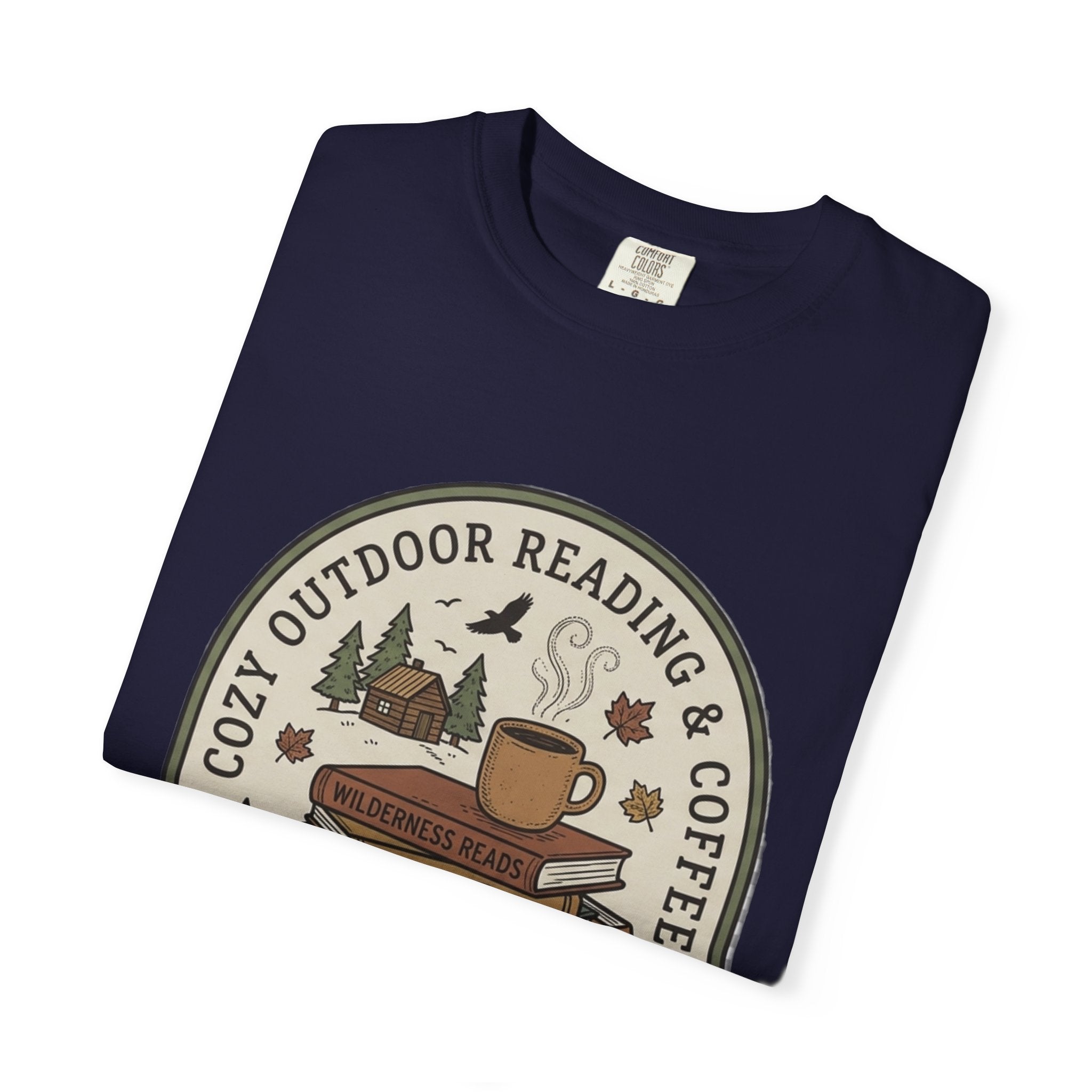 Cozy Outdoor Reading & Coffee T-Shirt — Stack of Books, Mug & Nature Badge