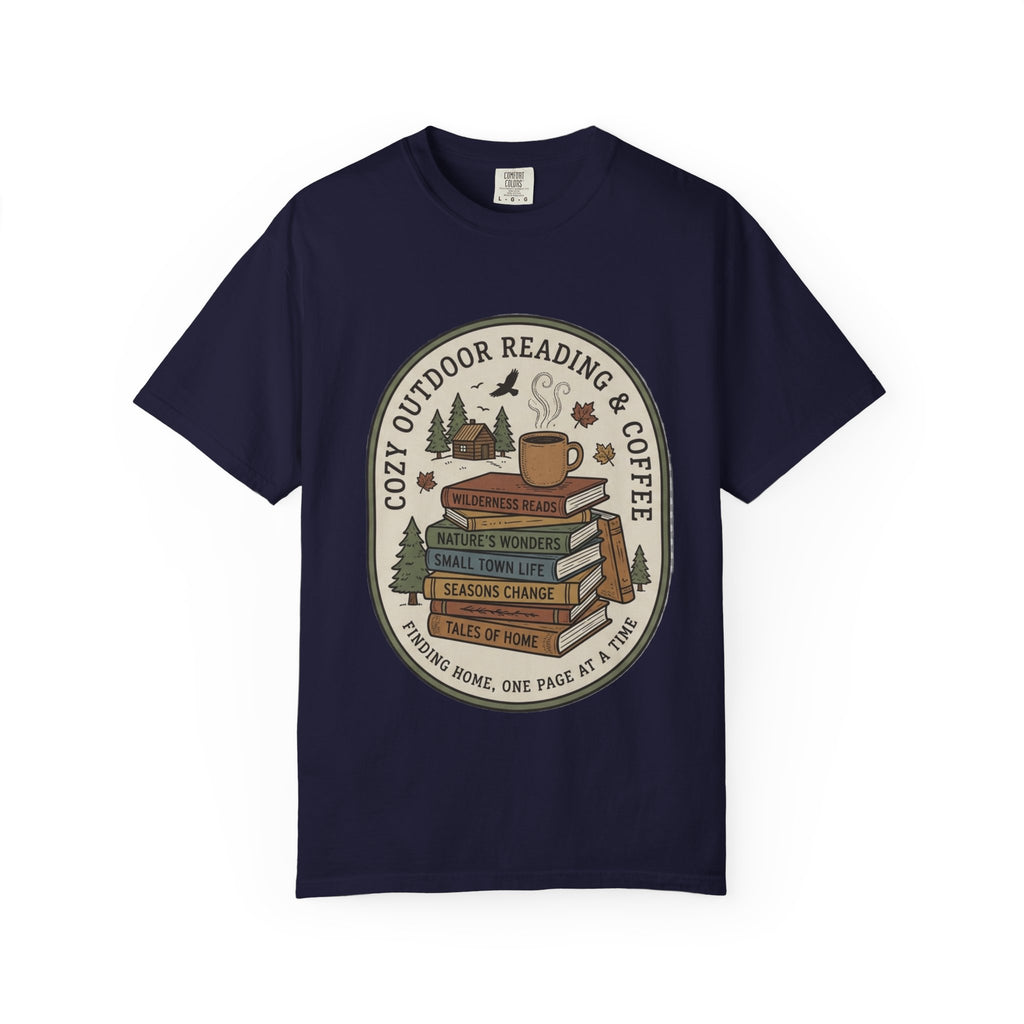 Cozy Outdoor Reading & Coffee T-Shirt — Stack of Books, Mug & Nature Badge