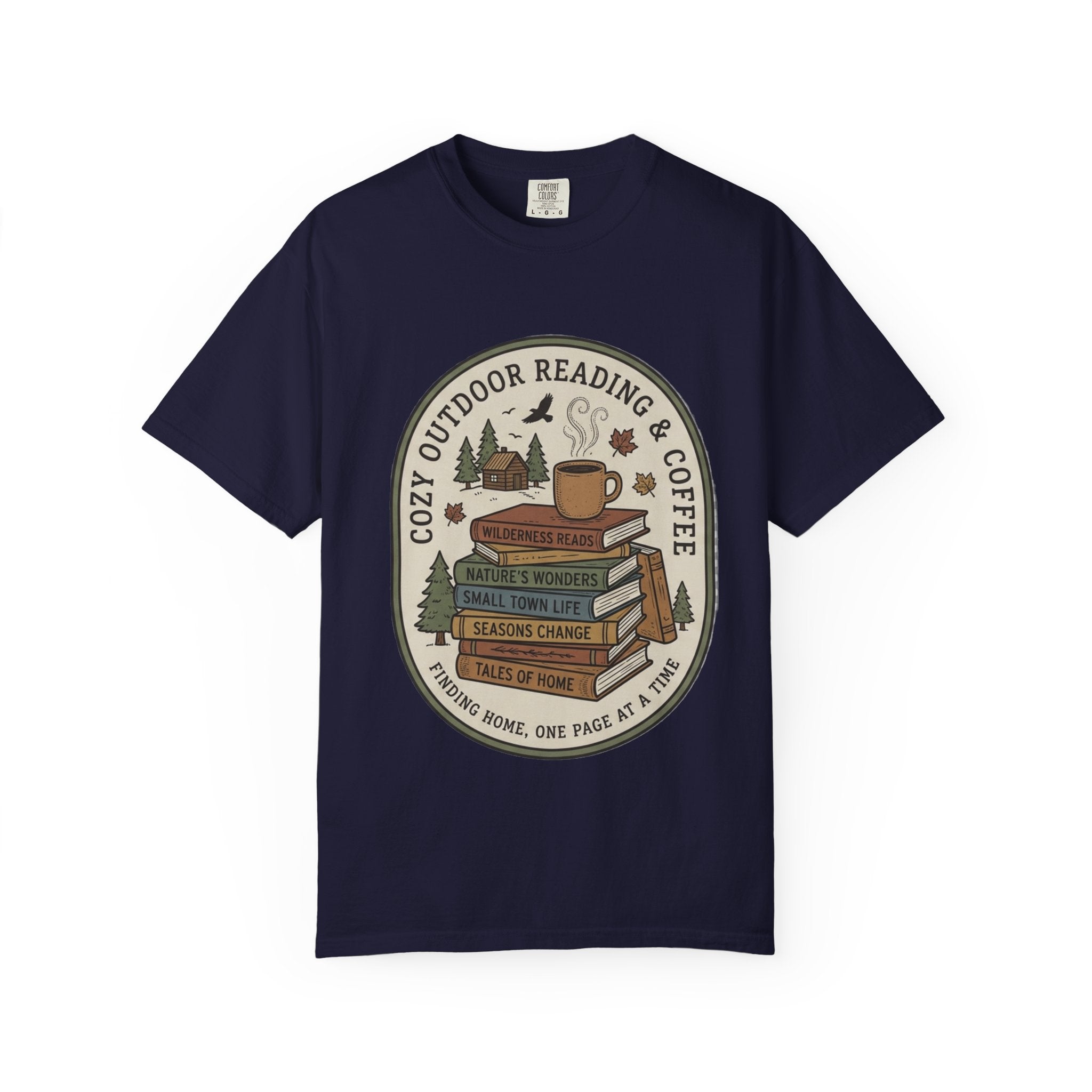 Cozy Outdoor Reading & Coffee T-Shirt — Stack of Books, Mug & Nature Badge