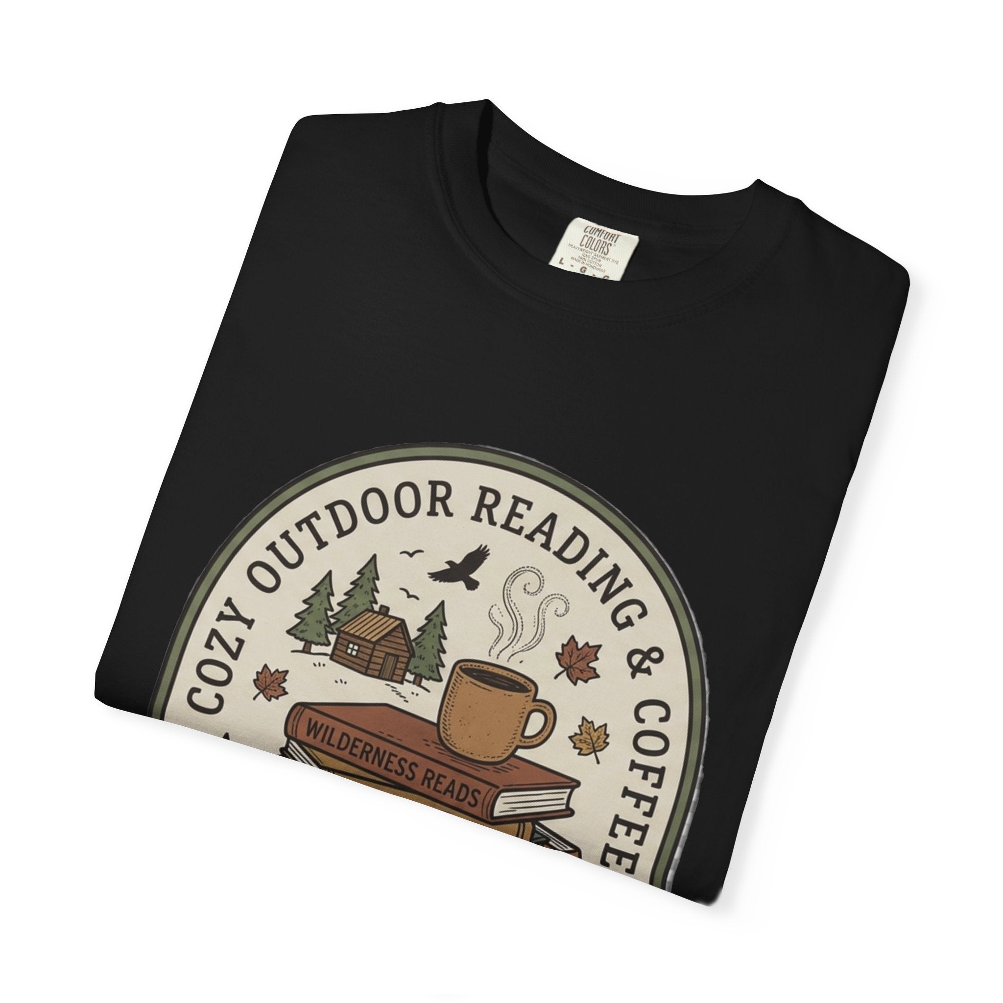Cozy Outdoor Reading & Coffee T-Shirt — Stack of Books, Mug & Nature Badge