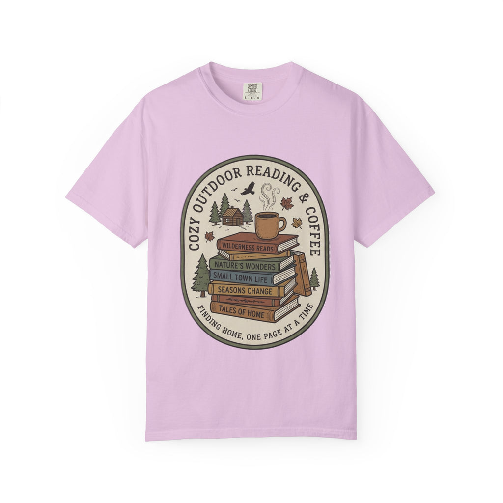 Cozy Outdoor Reading & Coffee T-Shirt — Stack of Books, Mug & Nature Badge