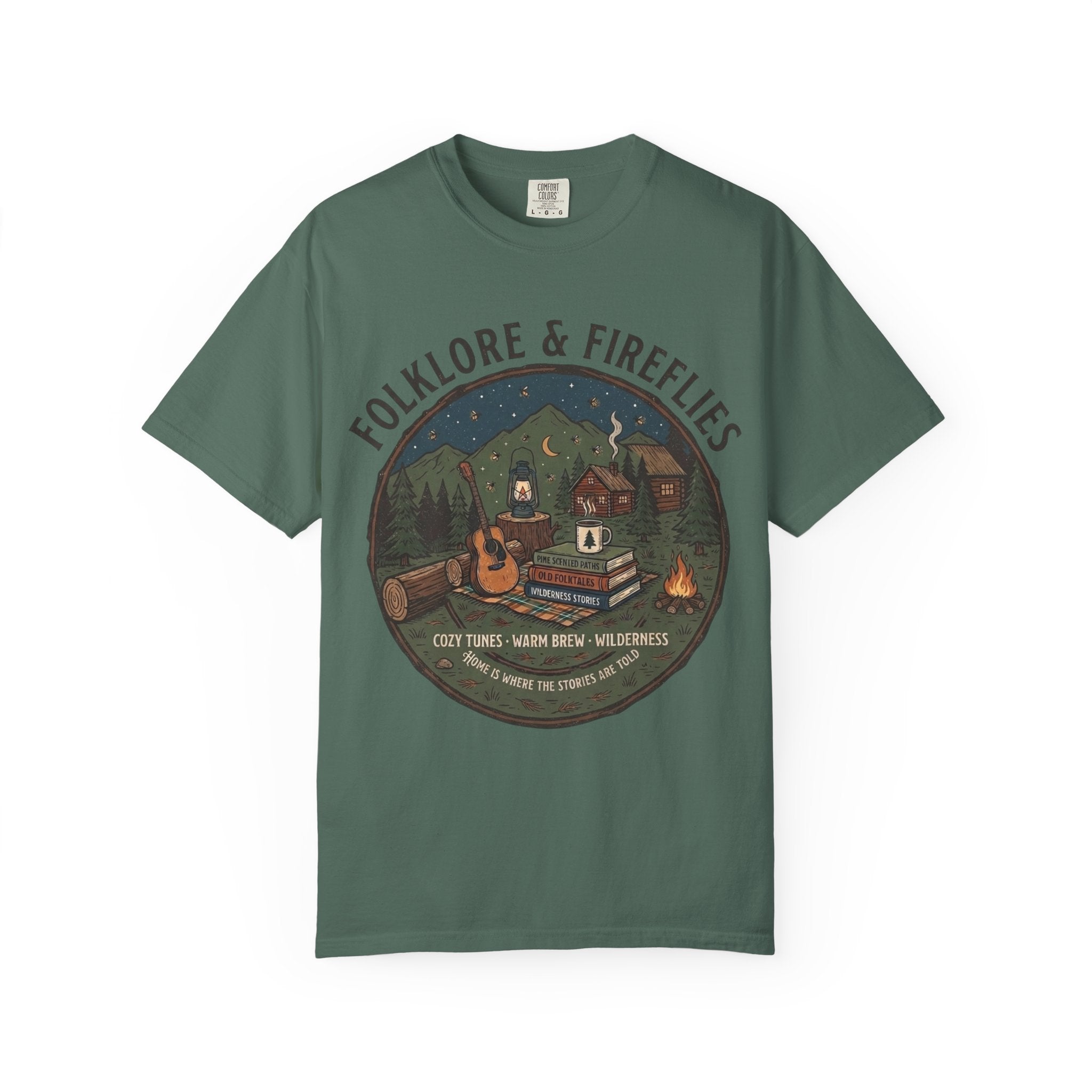 Folklore & Fireflies Camping T-Shirt — Guitar, Campfire & Mountain Night Graphic