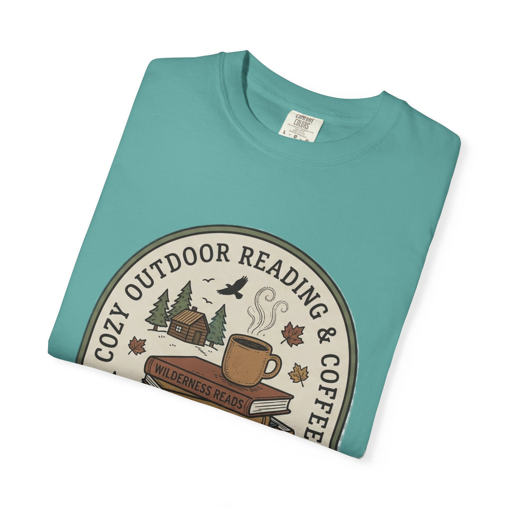 Cozy Outdoor Reading & Coffee T-Shirt — Stack of Books, Mug & Nature Badge
