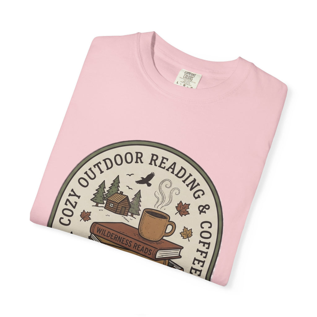 Cozy Outdoor Reading & Coffee T-Shirt — Stack of Books, Mug & Nature Badge