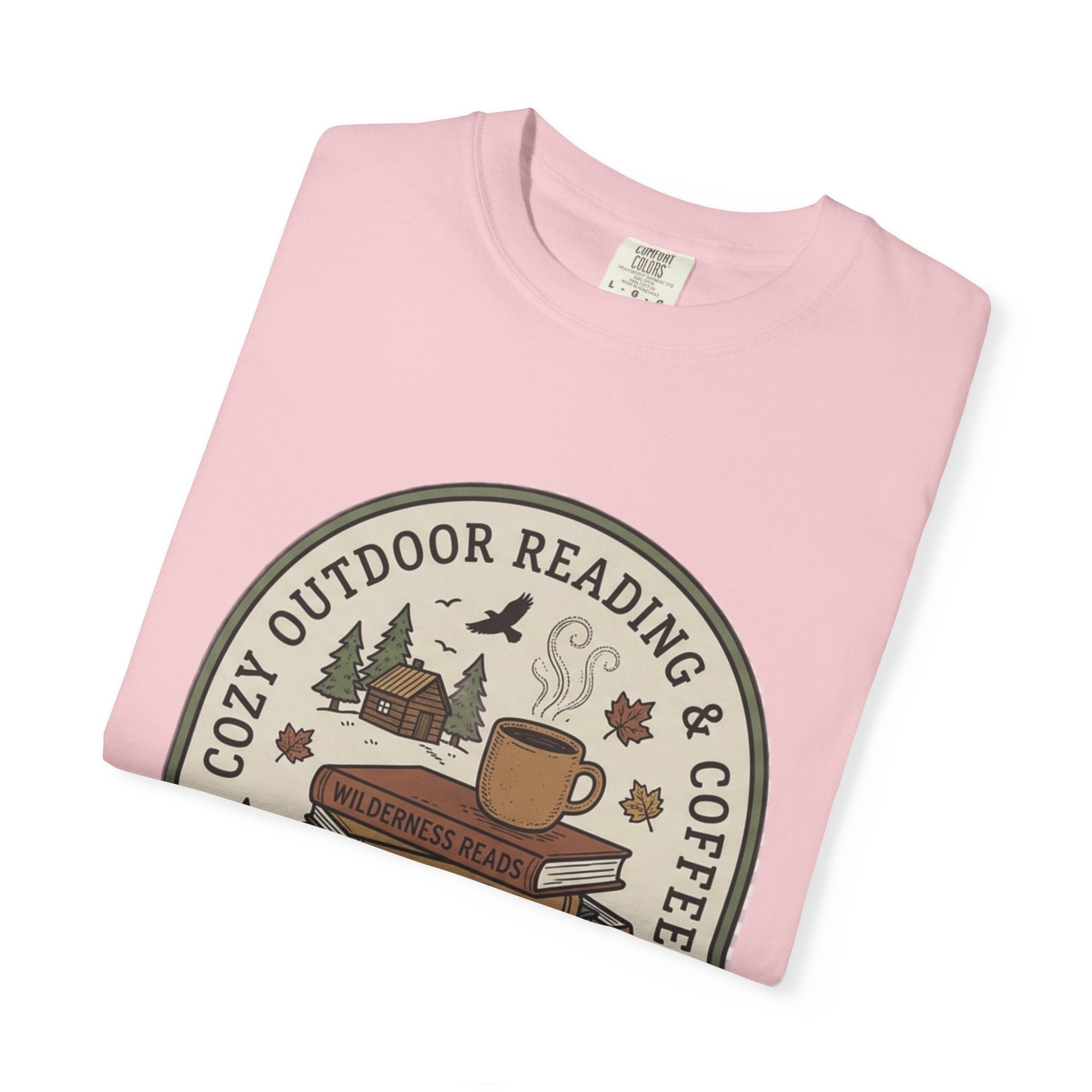 Cozy Outdoor Reading & Coffee T-Shirt — Stack of Books, Mug & Nature Badge